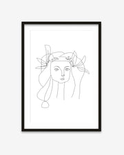 Framed line art of a woman's face with a floral crown on a white background