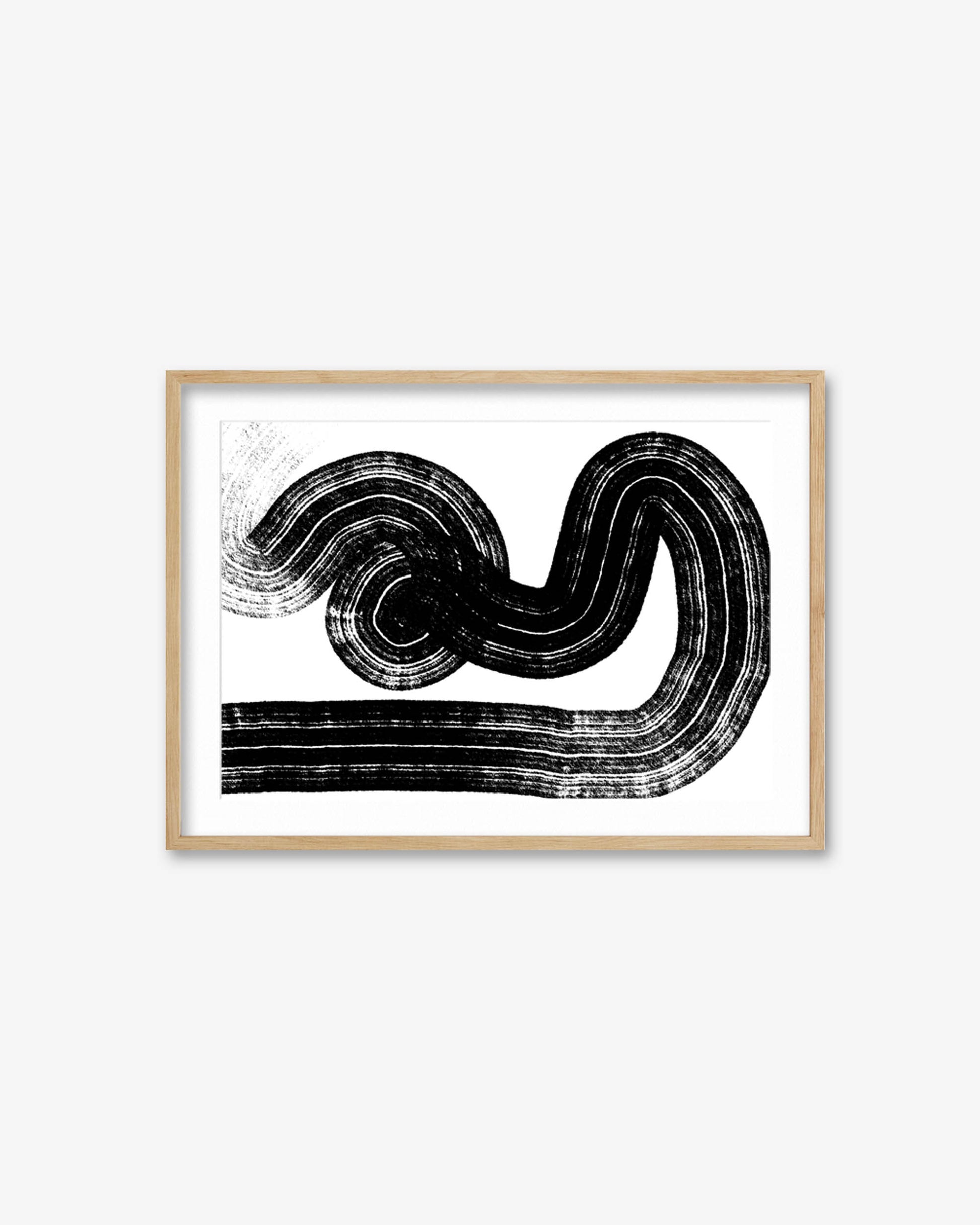 Framed abstract art with black wavy lines on a white background