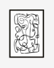 Framed abstract black and white artwork on a white background