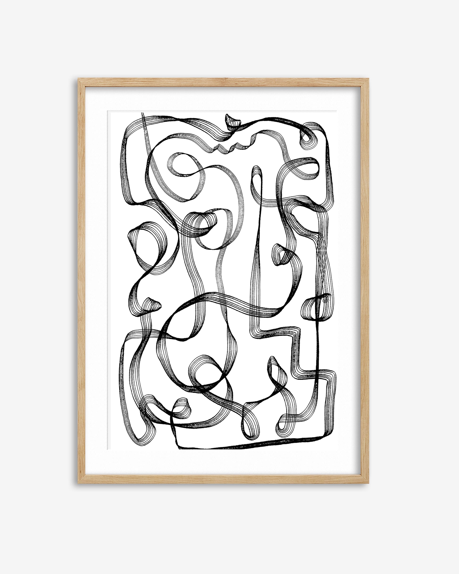 Framed abstract black line art on a white background