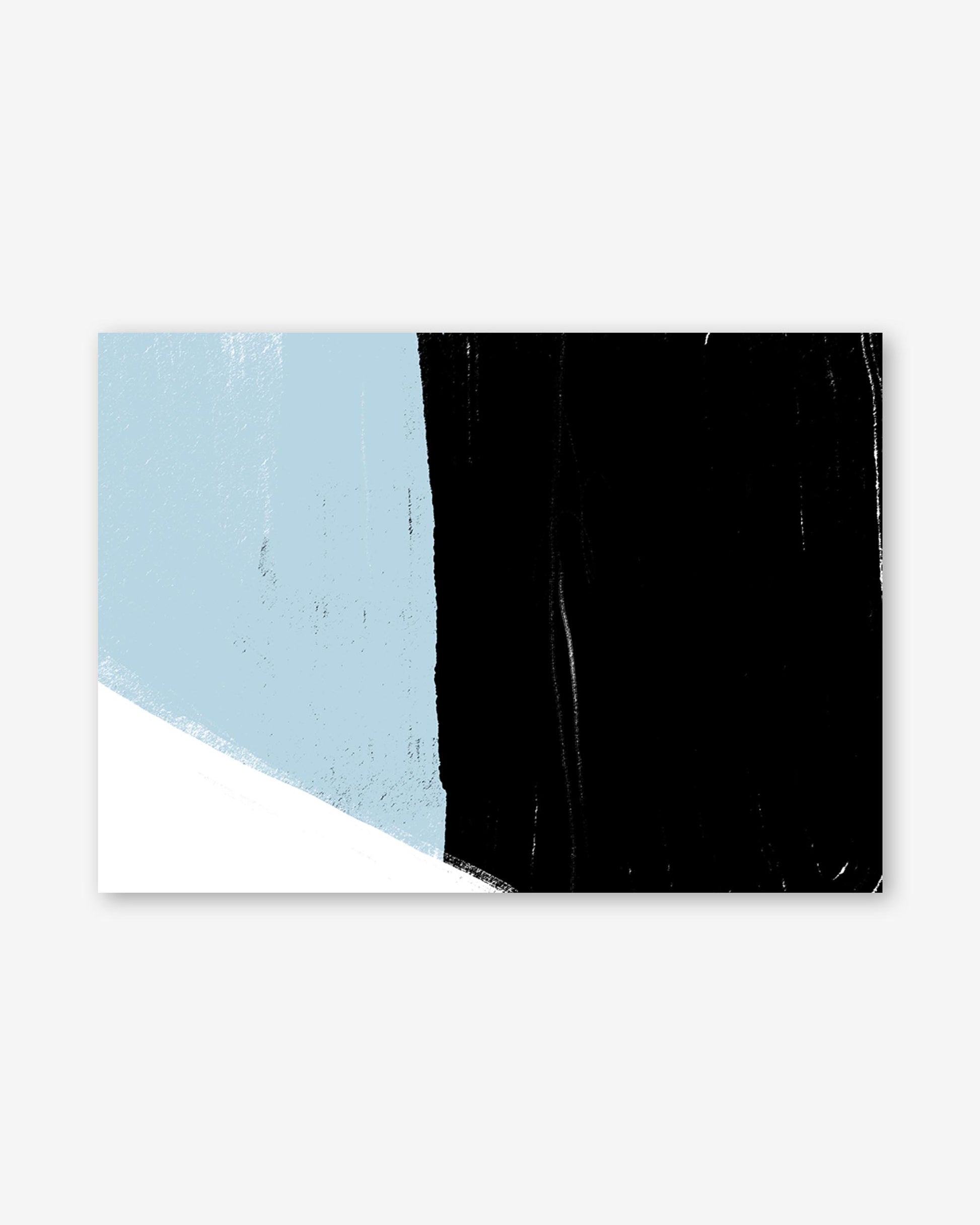 Abstract art print with black, blue, and white shapes on a white background