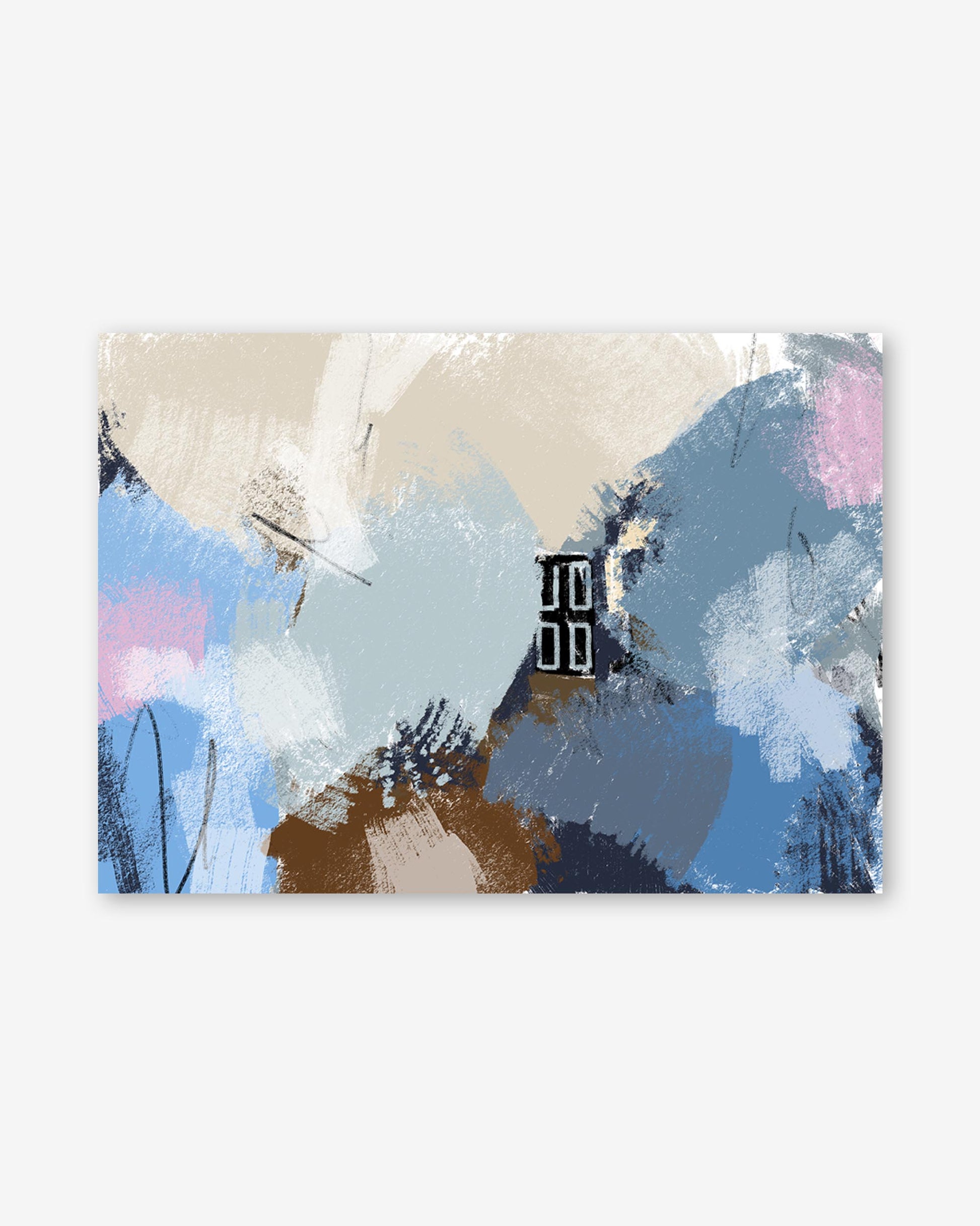 Abstract art print with blue, beige, and brown colors on a white background