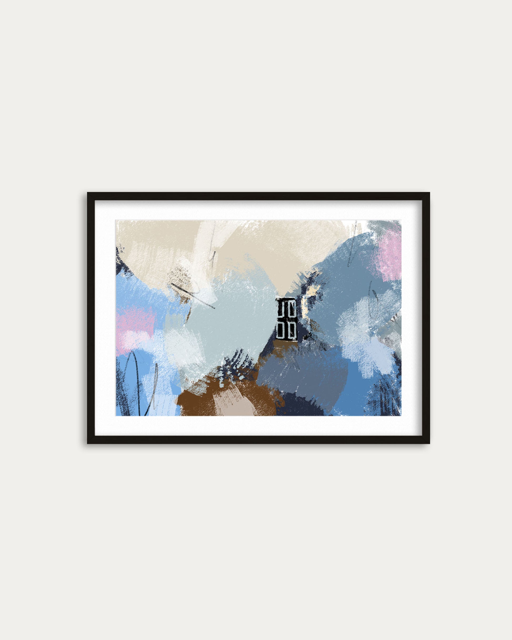 Framed abstract art print with a black border on a white wall