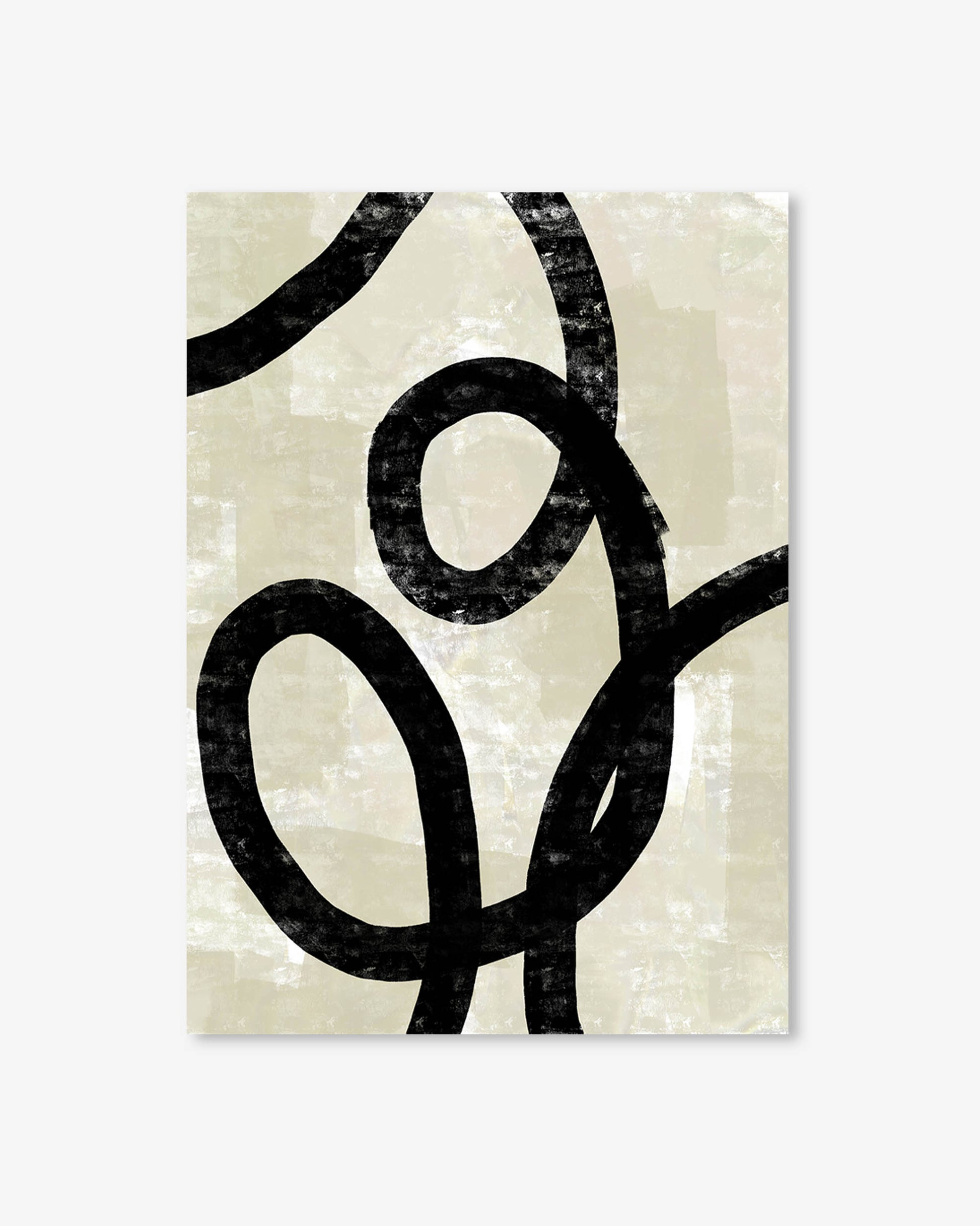 Abstract black and white artwork on a textured beige background
