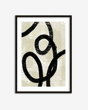 Framed abstract art print with black curved lines on a beige background