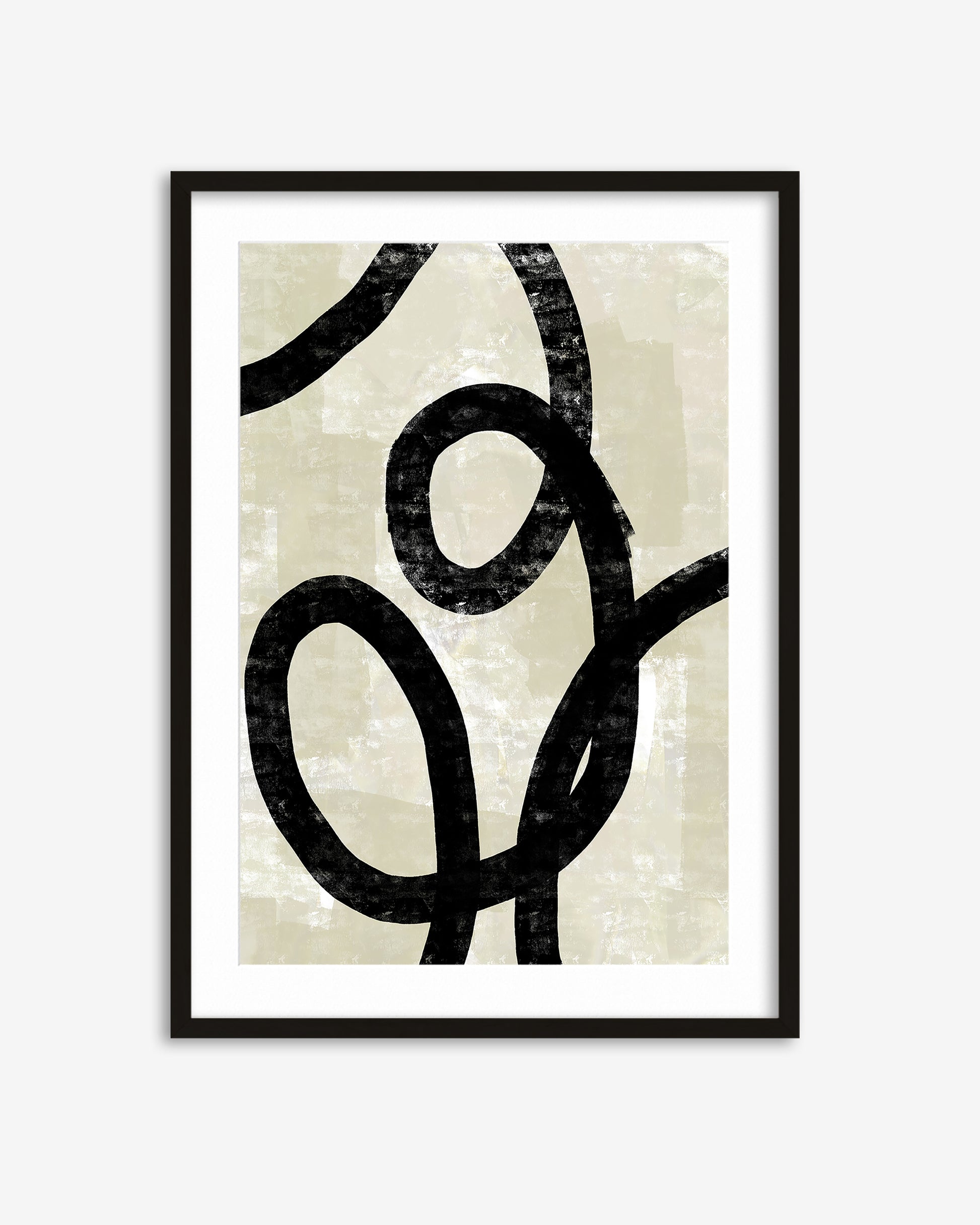 Framed abstract art print with black curved lines on a beige background