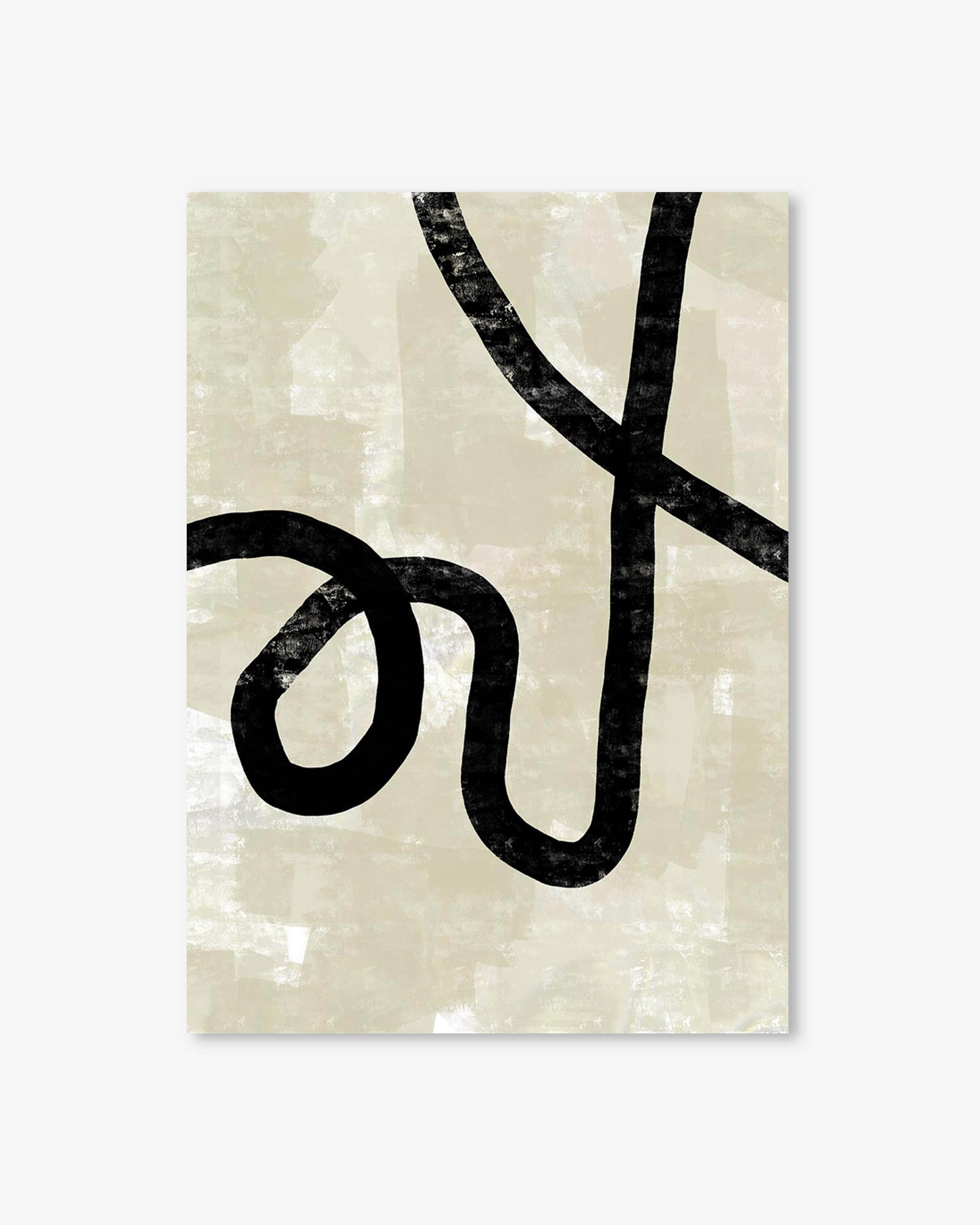 Abstract art print with black curved lines on a beige background