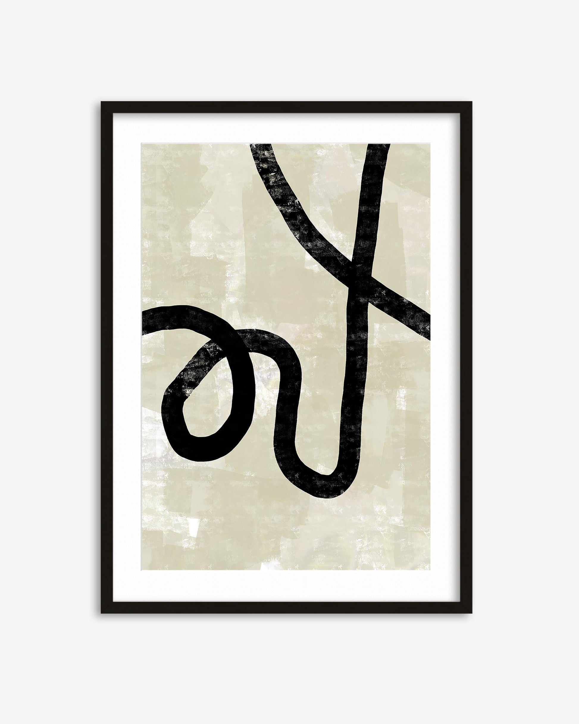 Framed artwork with a black abstract design on a beige background