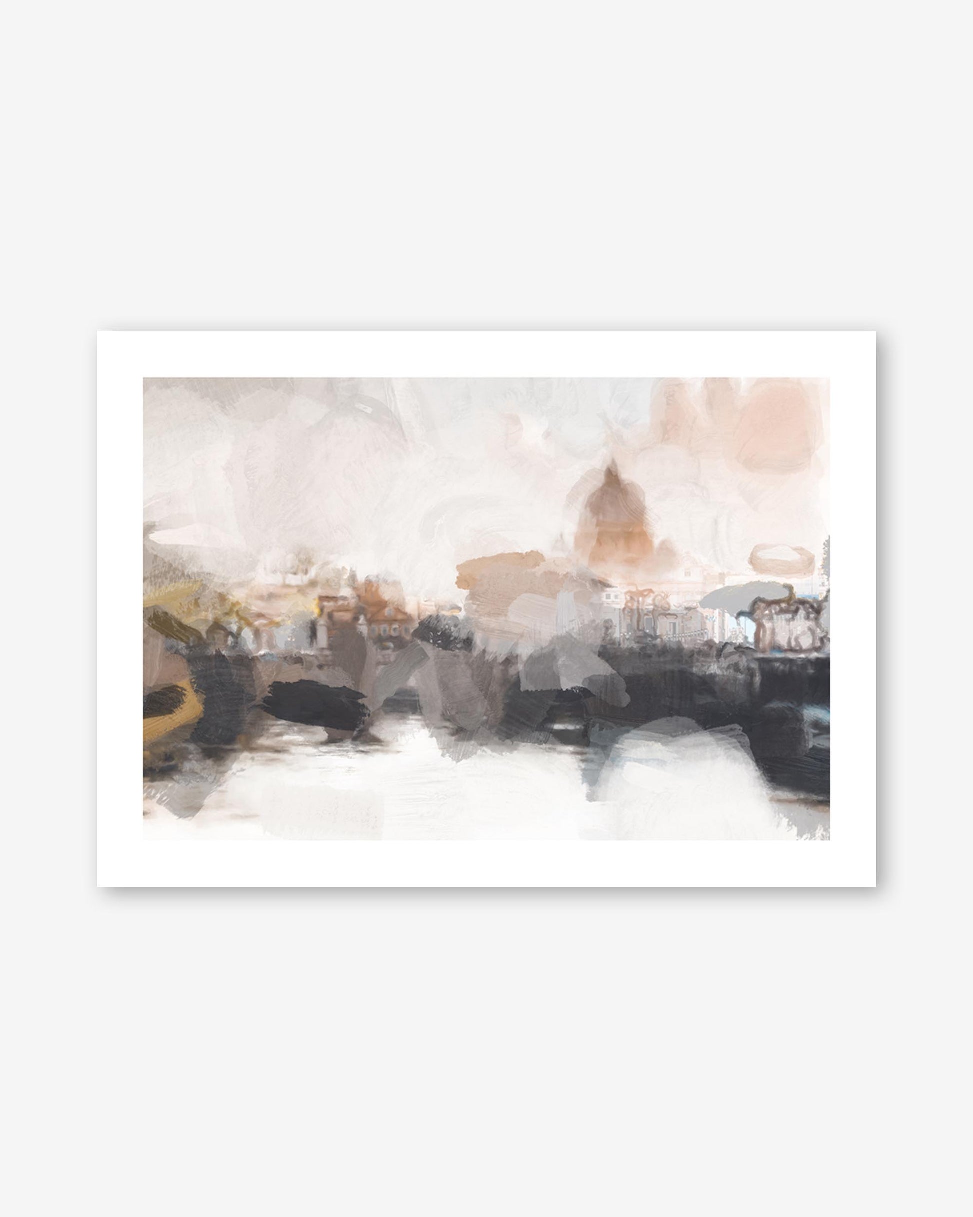 Abstract art print with a blurred cityscape and bridge over water on a white background