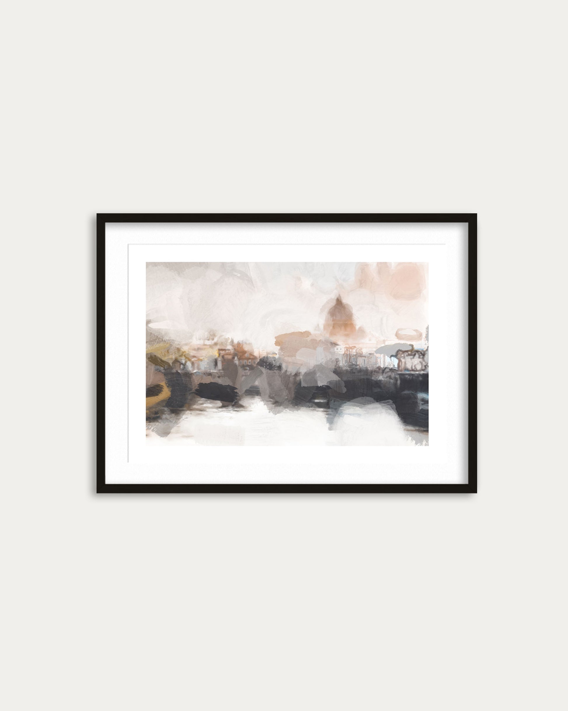 Framed artwork of a cityscape with a blurred effect on a white wall