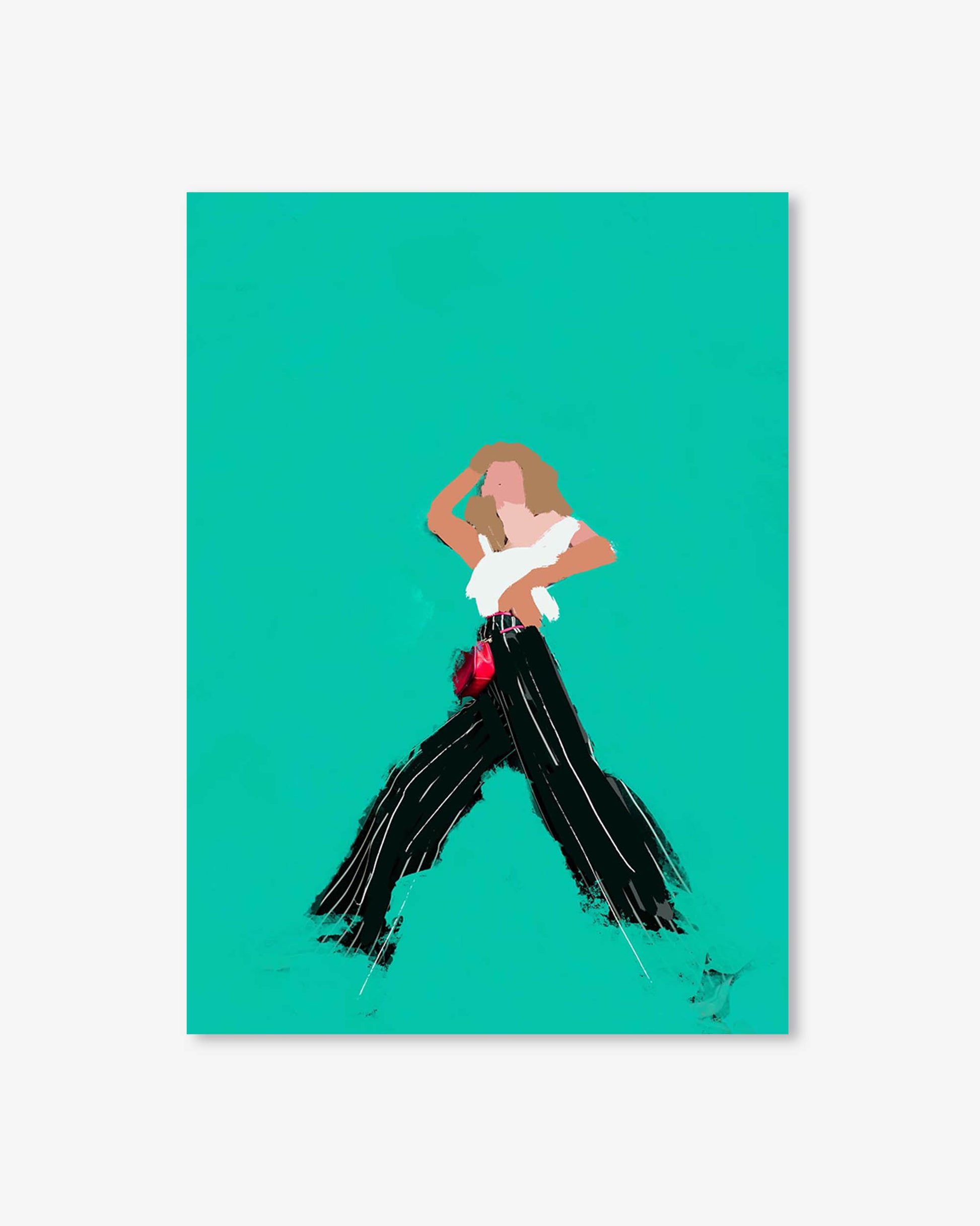 Abstract art of a person in a white top and black pants on a teal background
