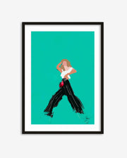 Framed abstract art print of a person on a teal background