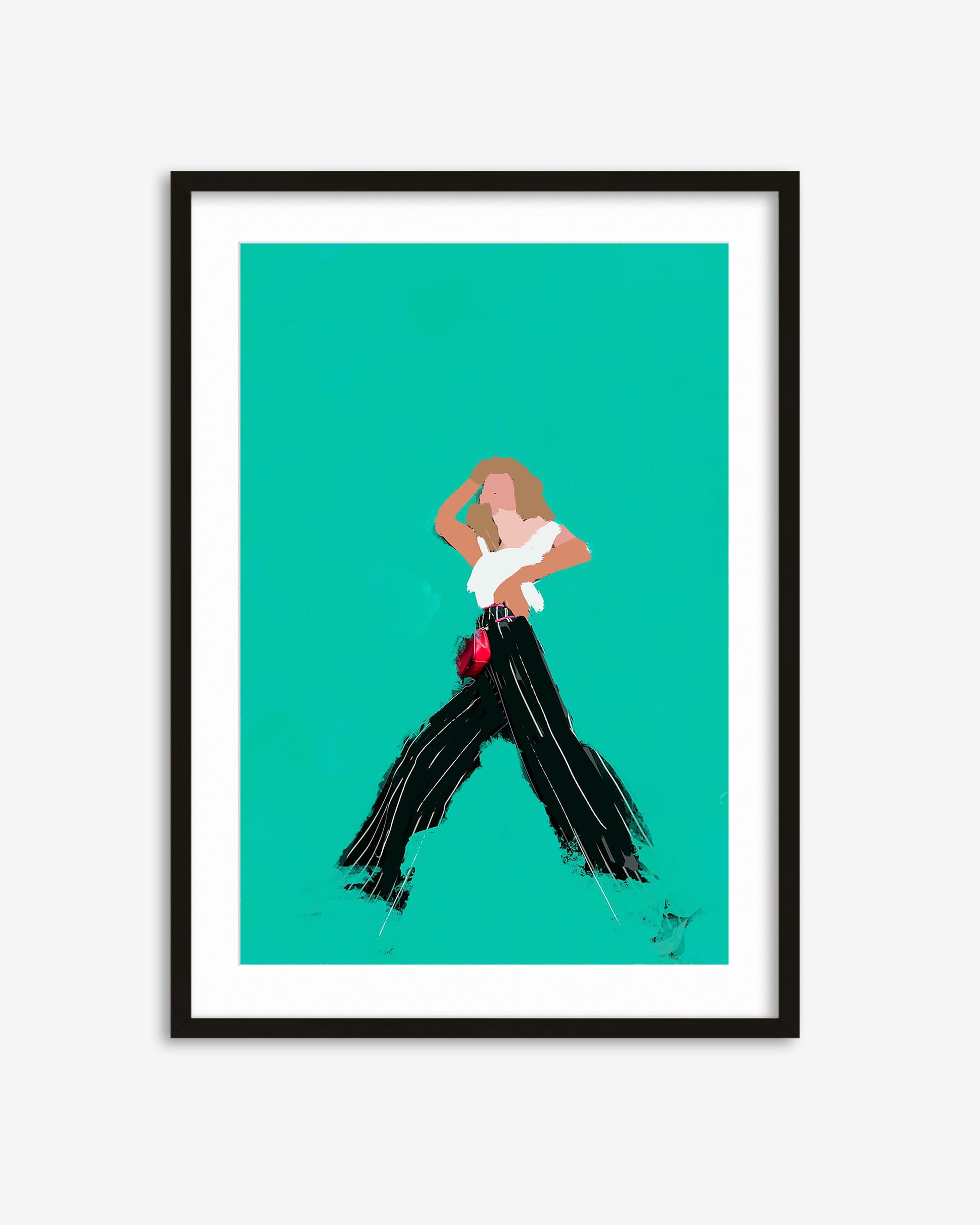 Framed abstract art print of a person on a teal background