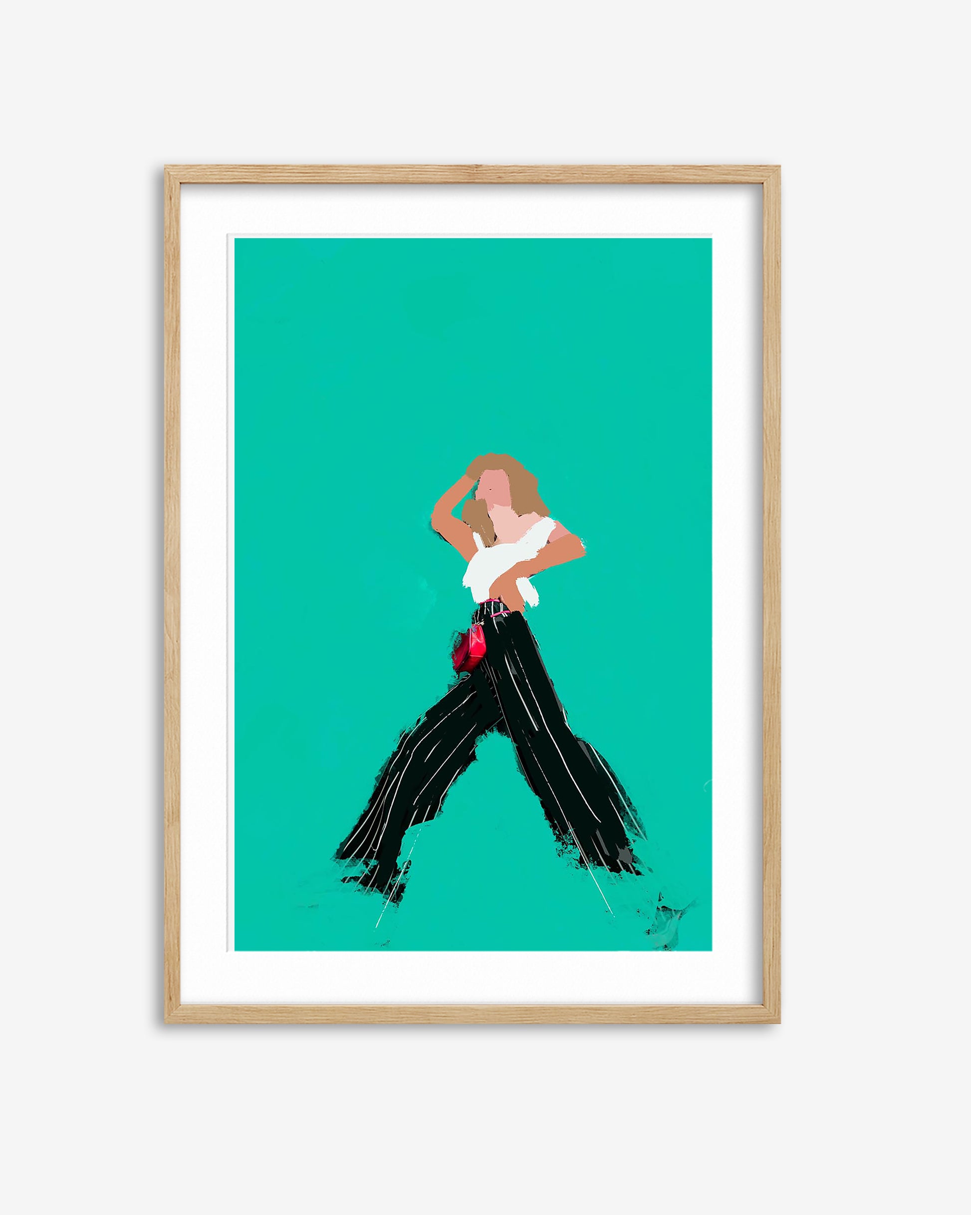 Framed artwork of a stylized figure on a teal background