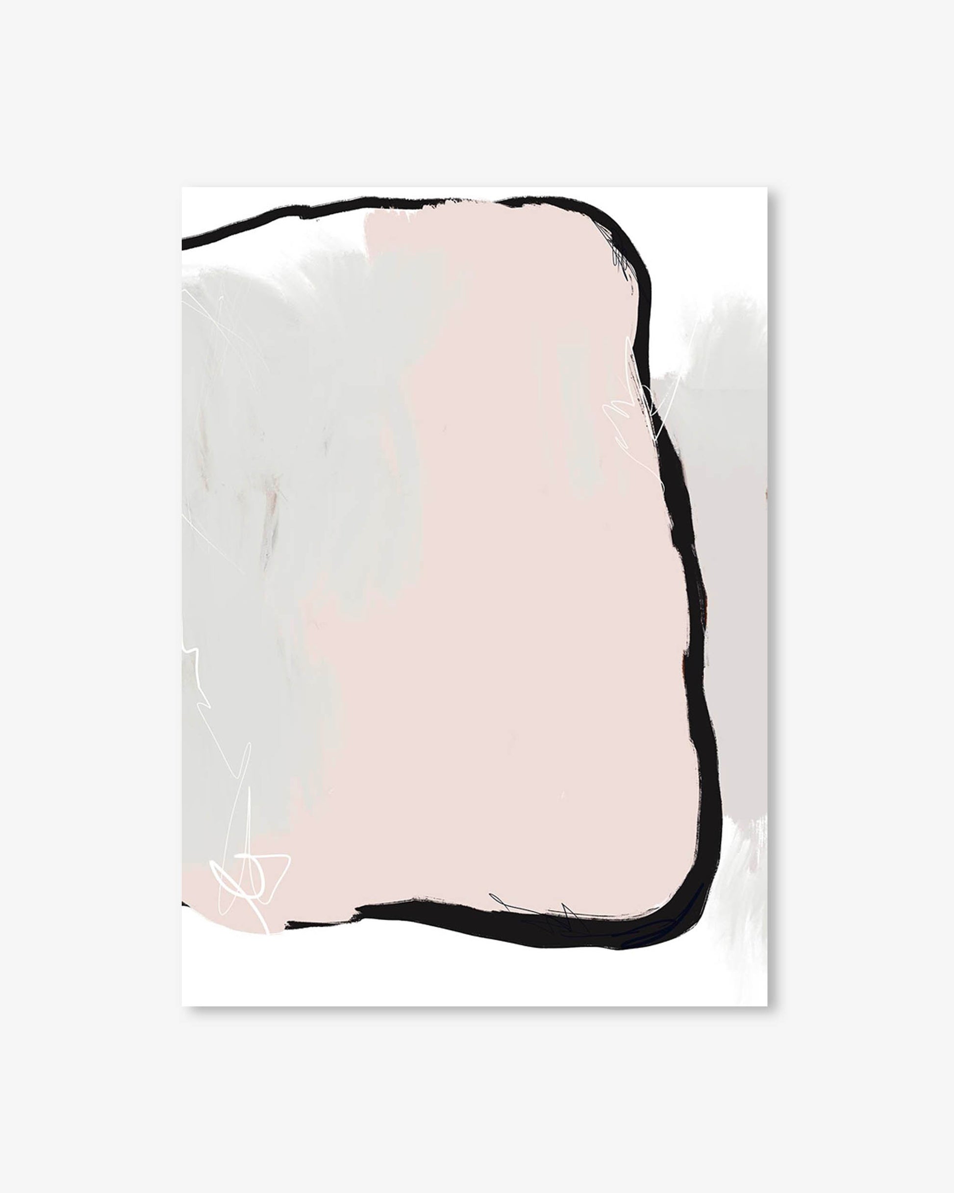 Abstract art piece with a pink and black design on a white background