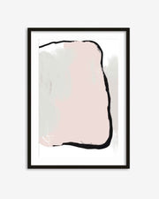 Framed abstract art print with a pink and black shape on a white background