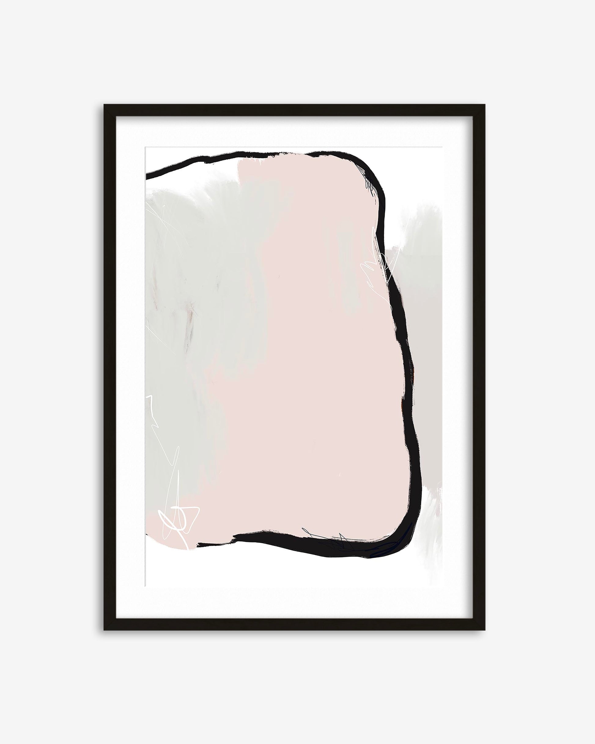 Framed abstract art print with a pink and black shape on a white background