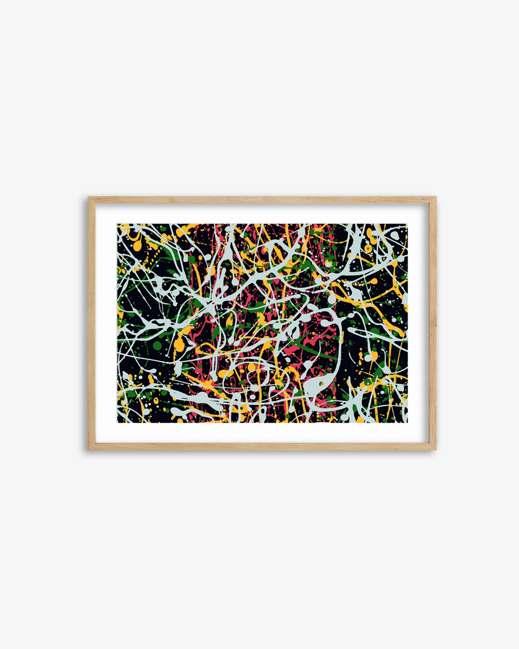 Framed abstract artwork with colorful splashes on a white background