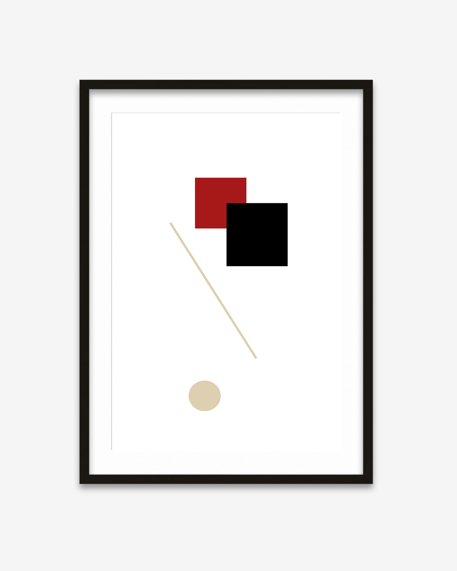Framed abstract art print with geometric shapes on a white background