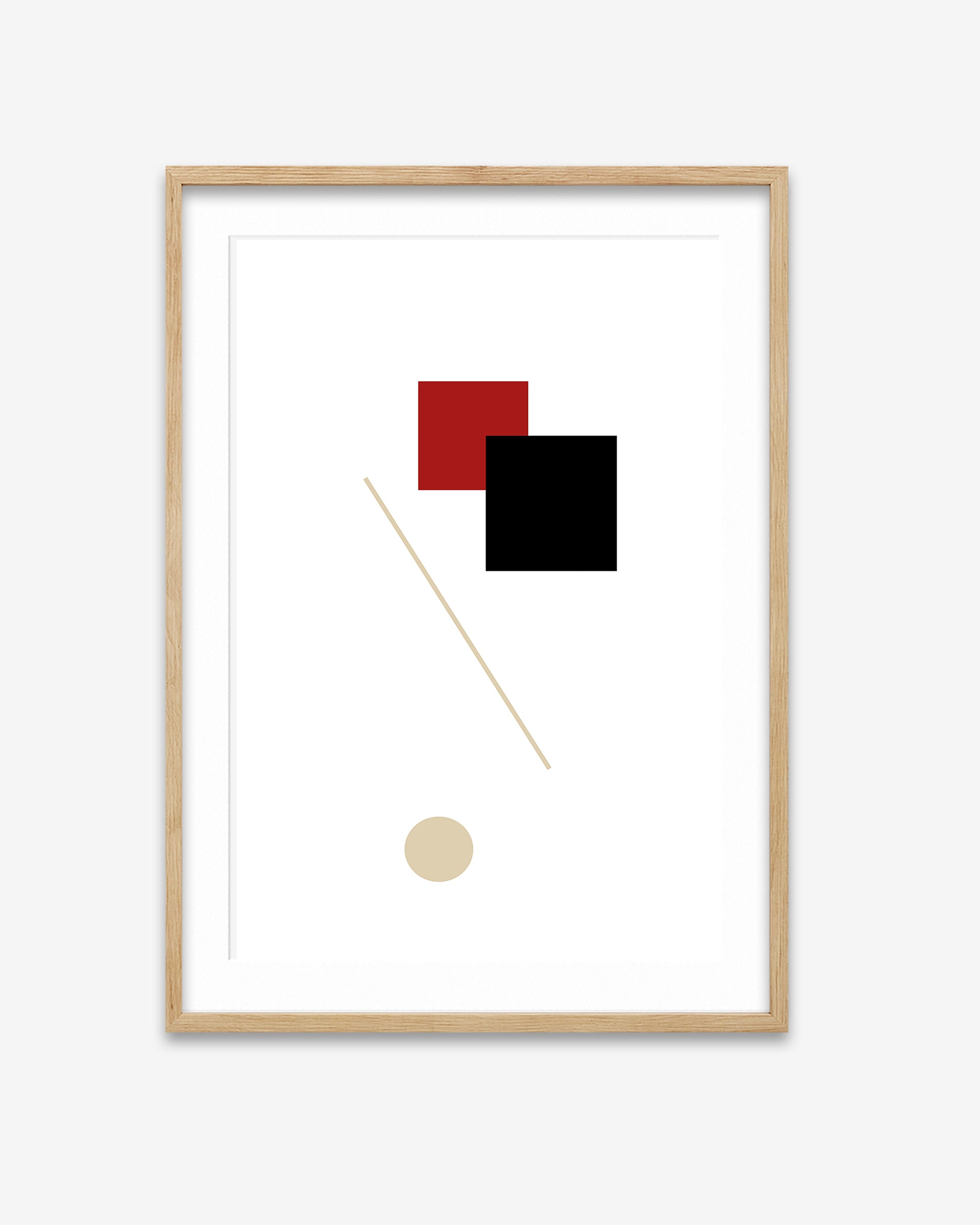 Framed abstract art print with geometric shapes on a white background