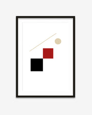 Framed abstract art print with geometric shapes on a white background