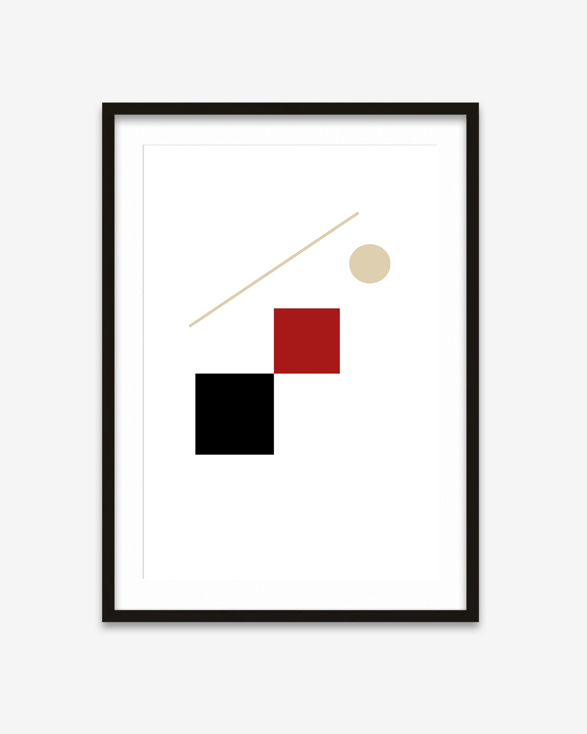 Framed abstract art print with geometric shapes on a white background