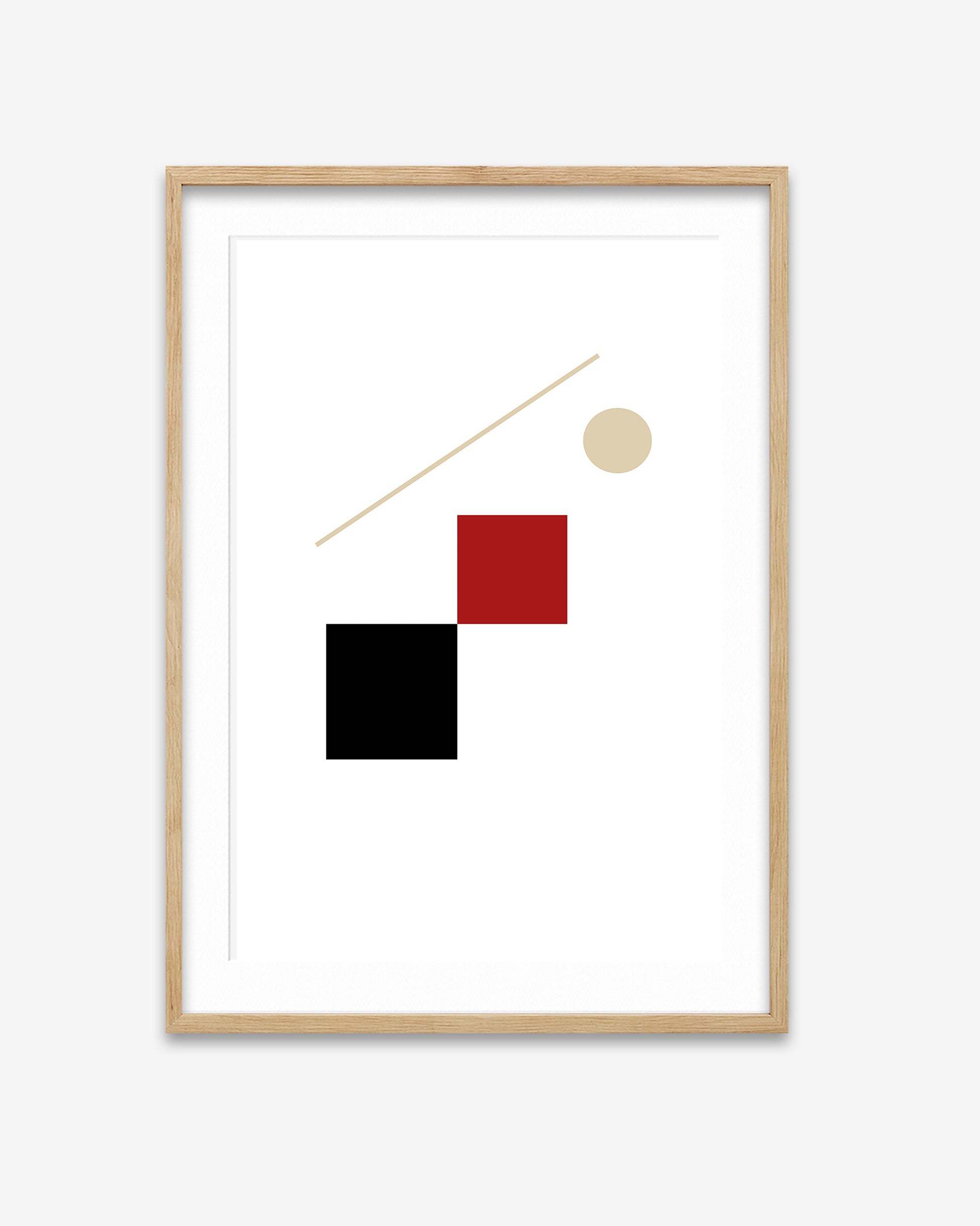 Framed abstract art print with geometric shapes on a white background