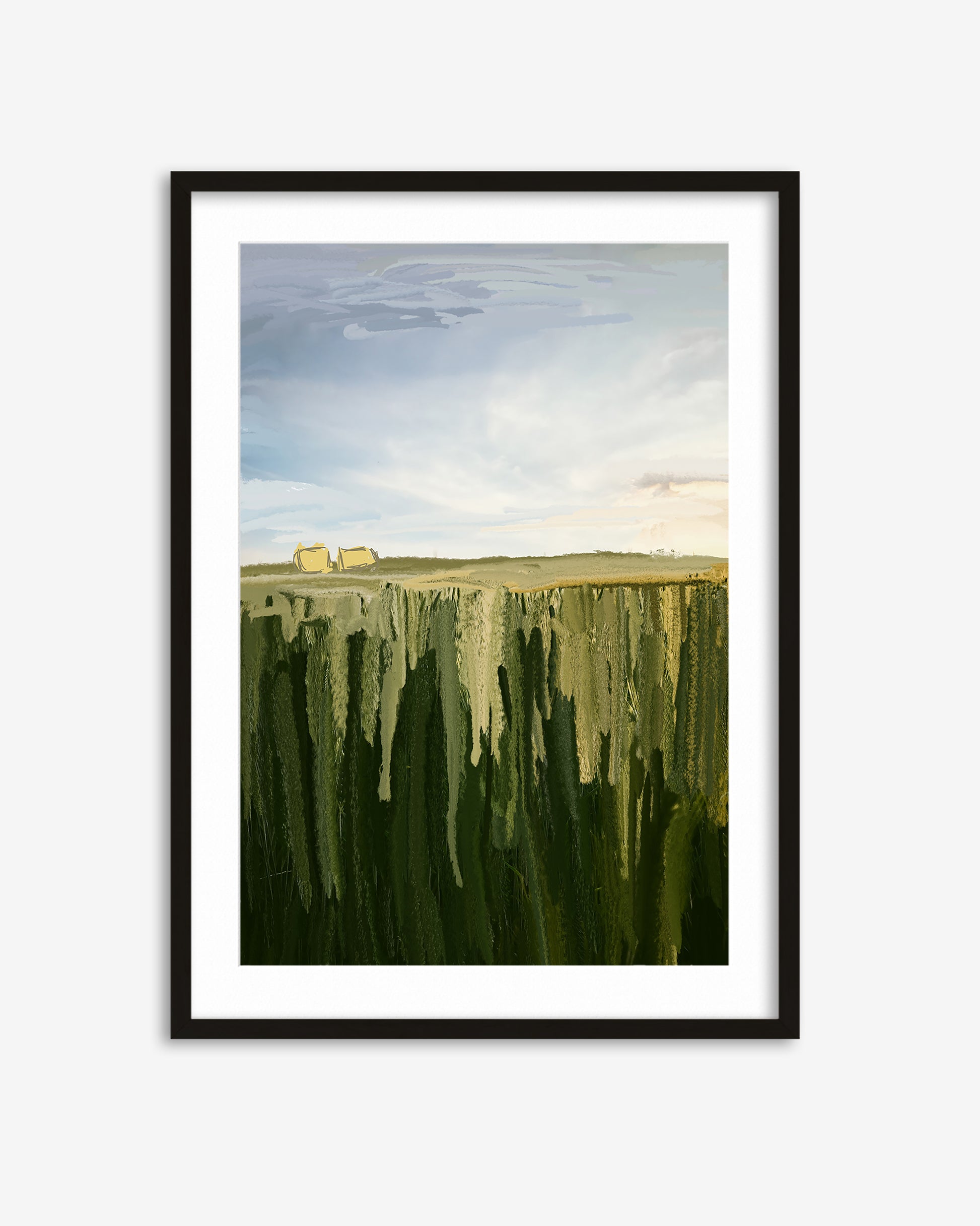 Framed artwork of a landscape with a green field and blue sky.