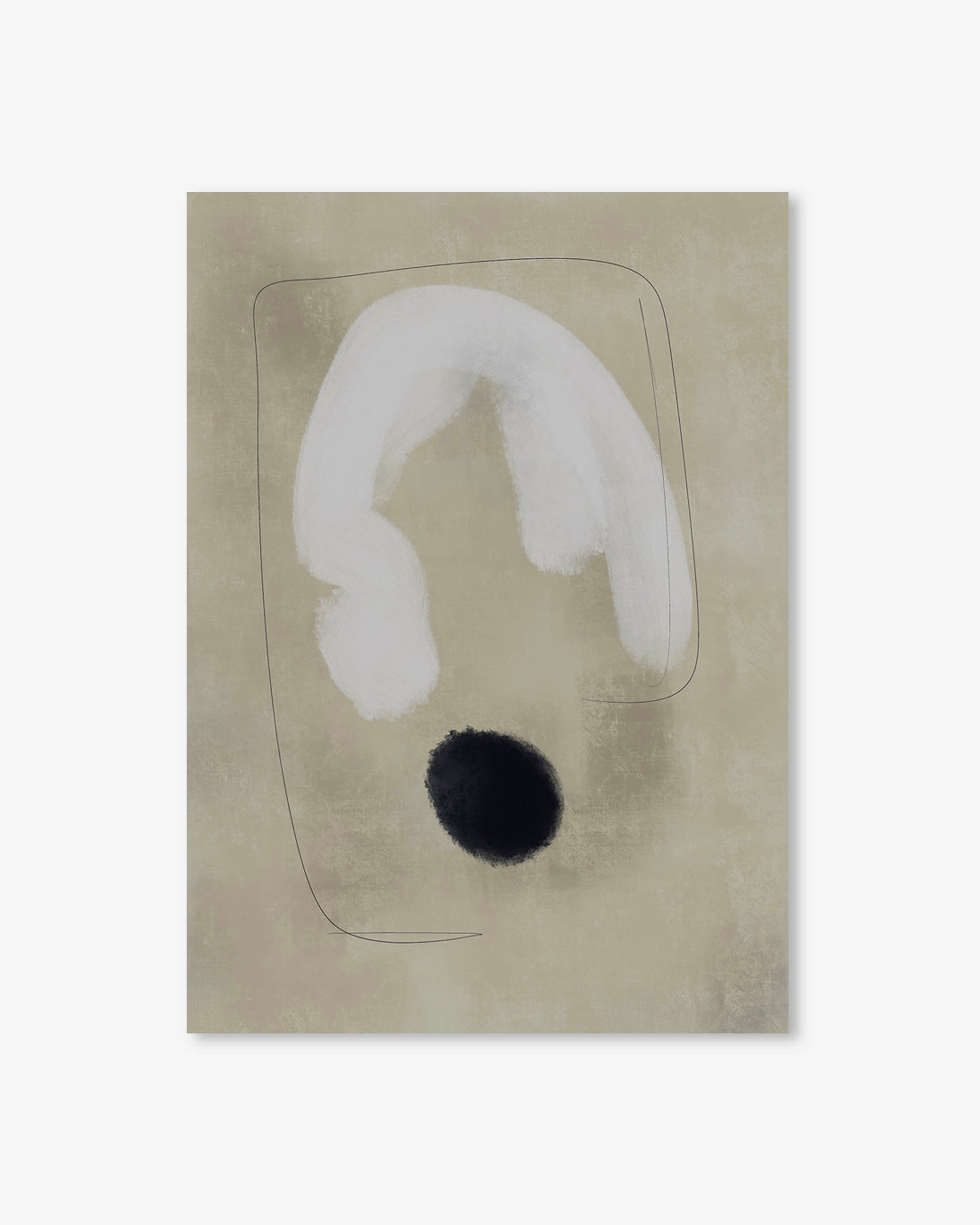 Abstract art piece with a white shape and black dot on a beige background