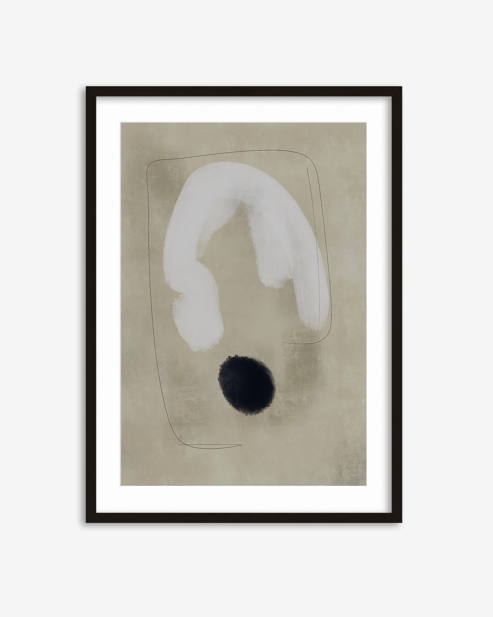 Framed abstract art print with a white and black shape on a beige background