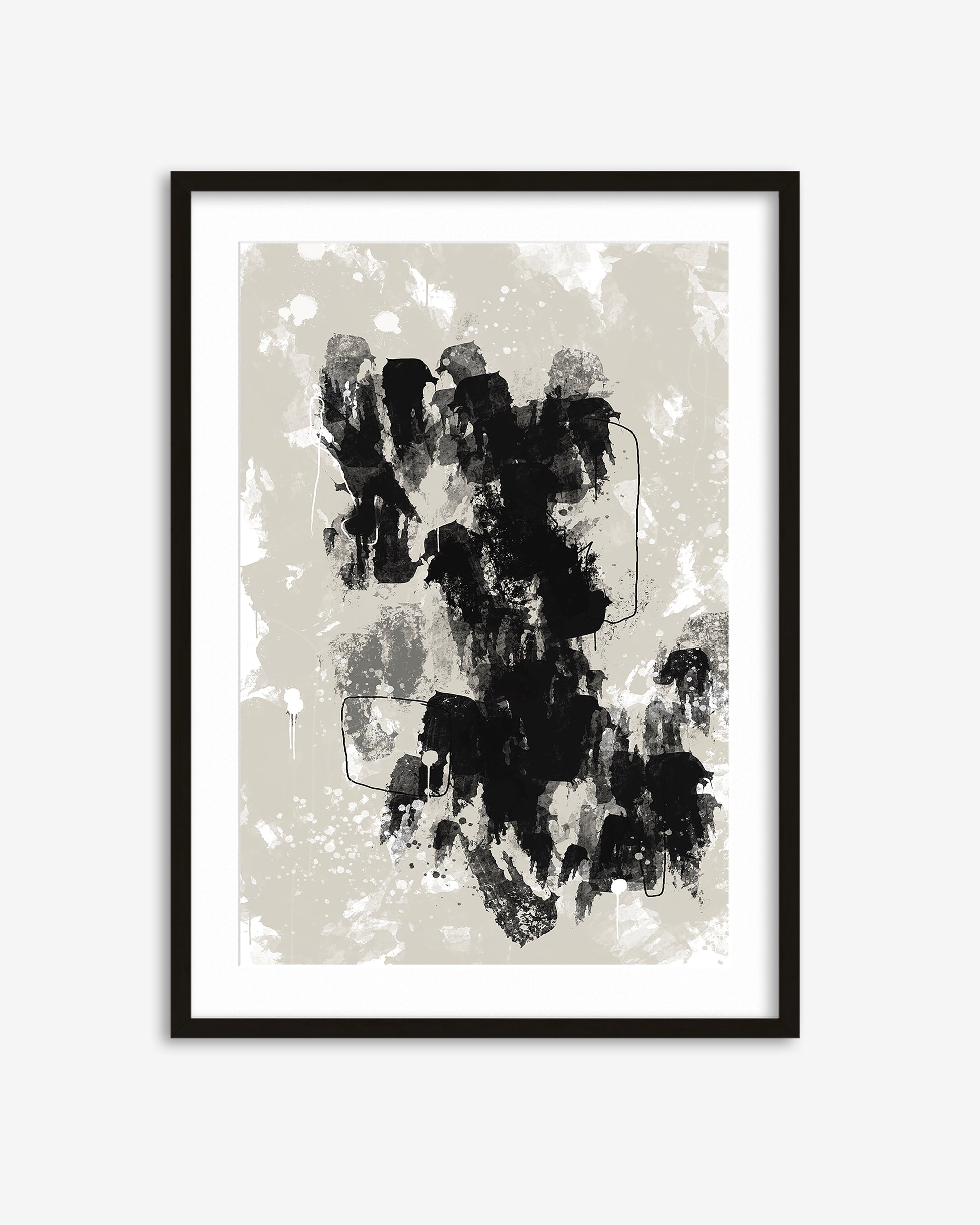 Framed abstract art print with black and white brush strokes on a beige background