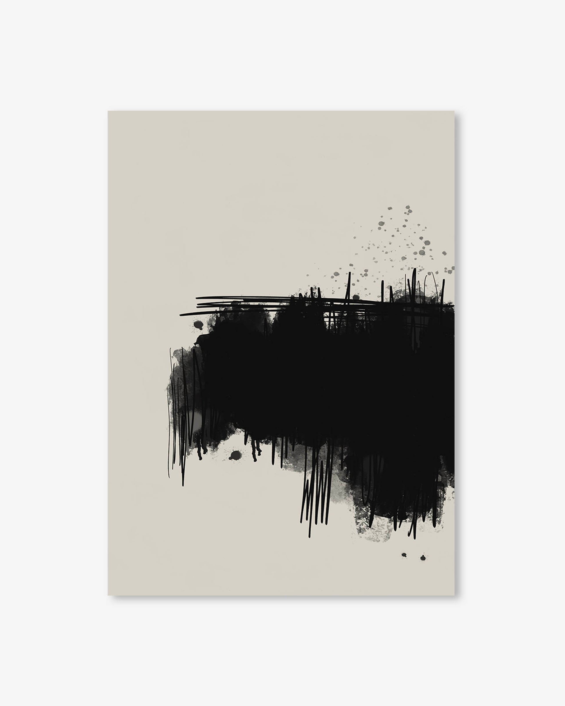 Abstract art piece with black brush strokes on a beige background