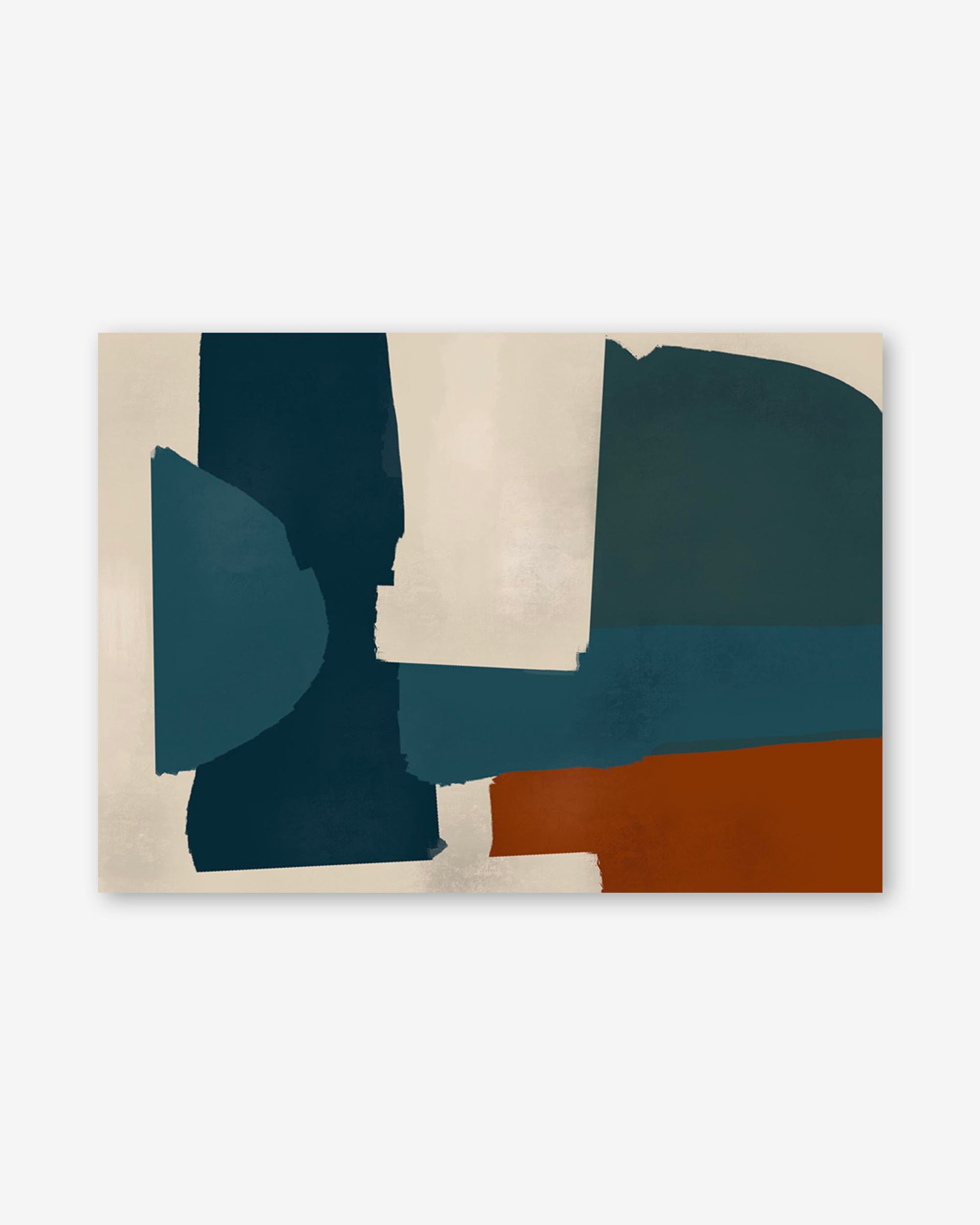 Abstract art piece with geometric shapes in blue, brown, and beige on a white background