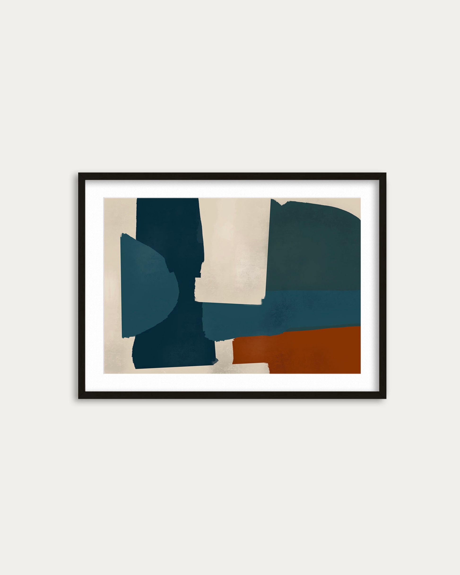 Framed abstract art print with geometric shapes on a light gray background