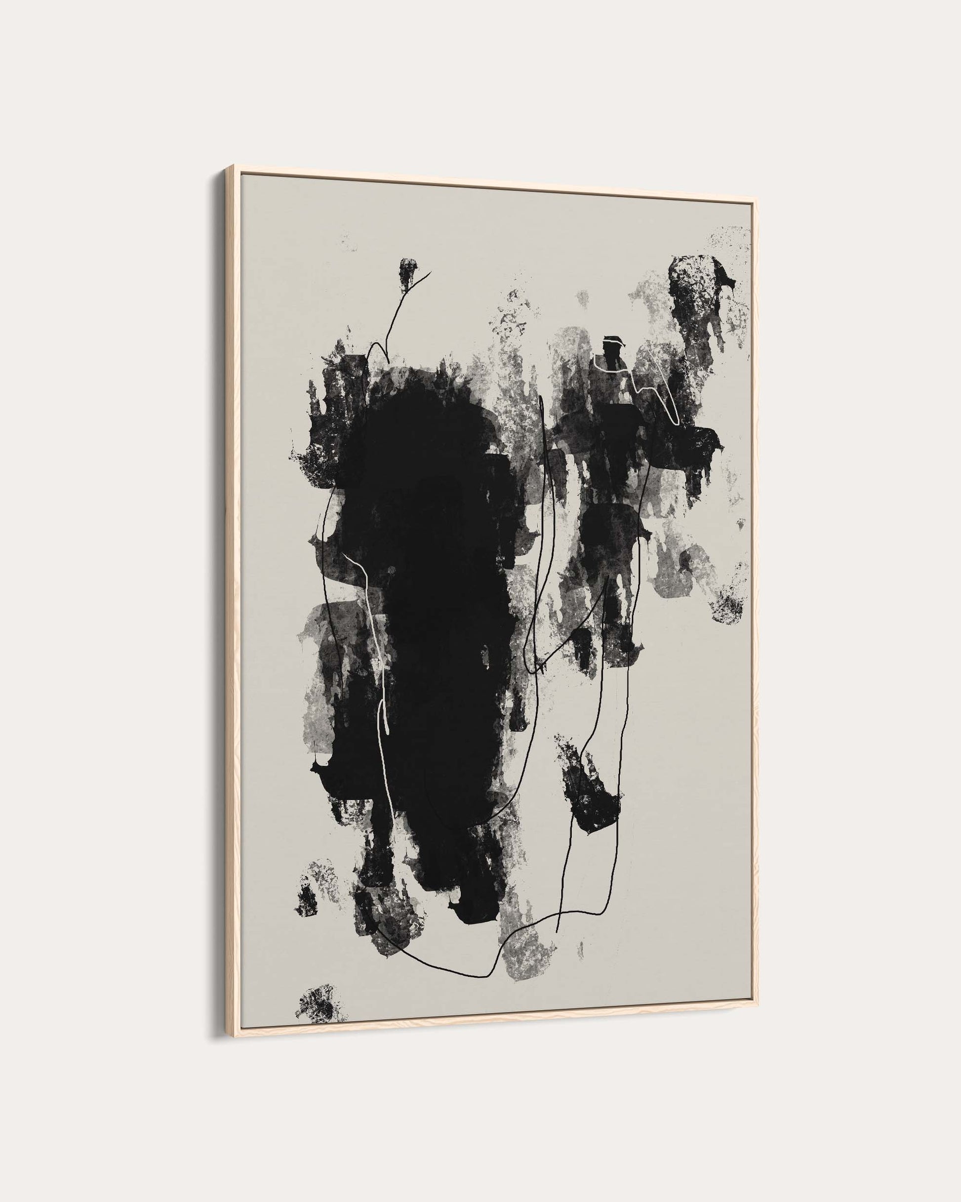 Abstract black and white painting on a light gray background