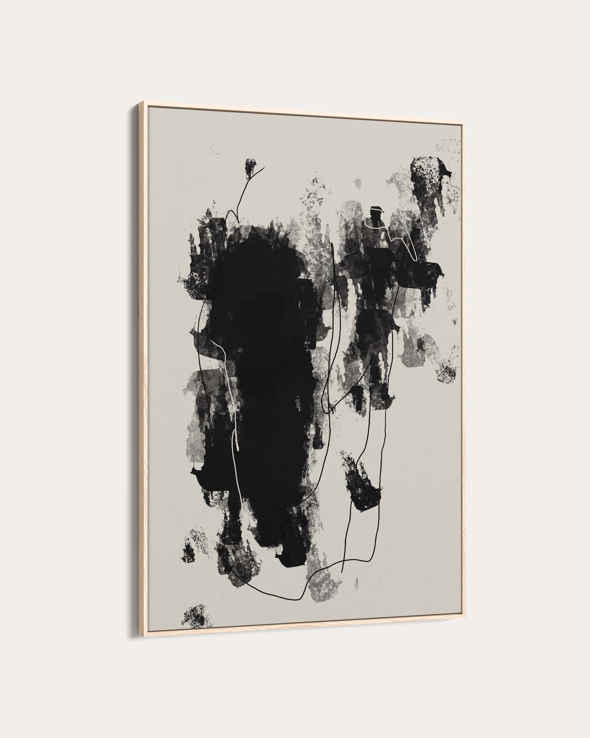 Abstract black and white painting on a light gray background