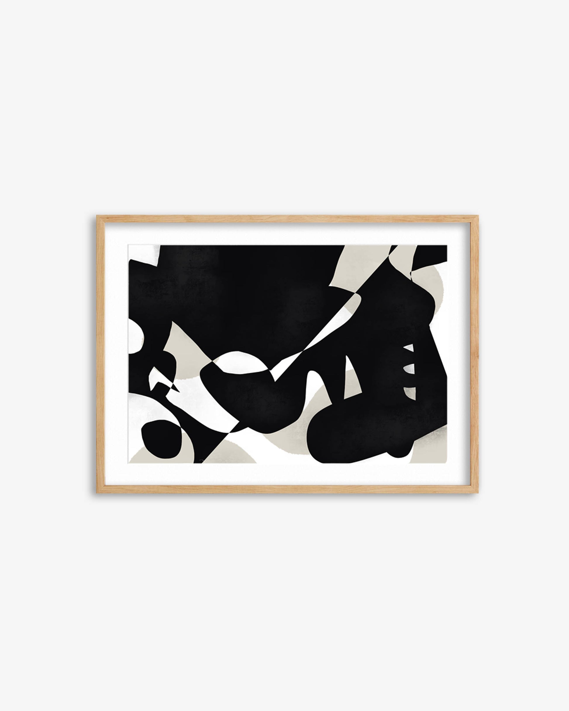 Framed abstract art print with black and white design on a light gray background