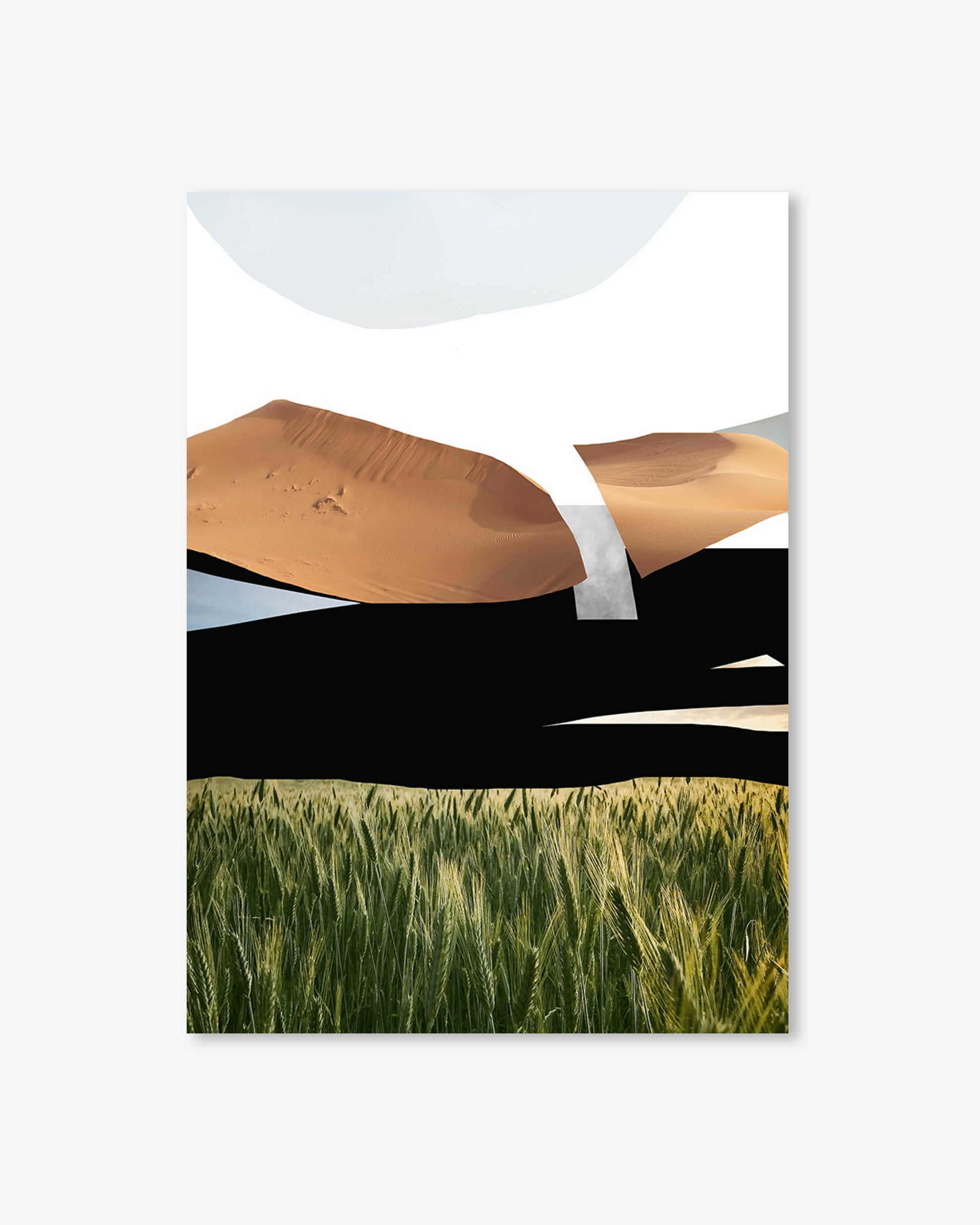 Poster with a desert landscape featuring sand dunes and a field of grass.