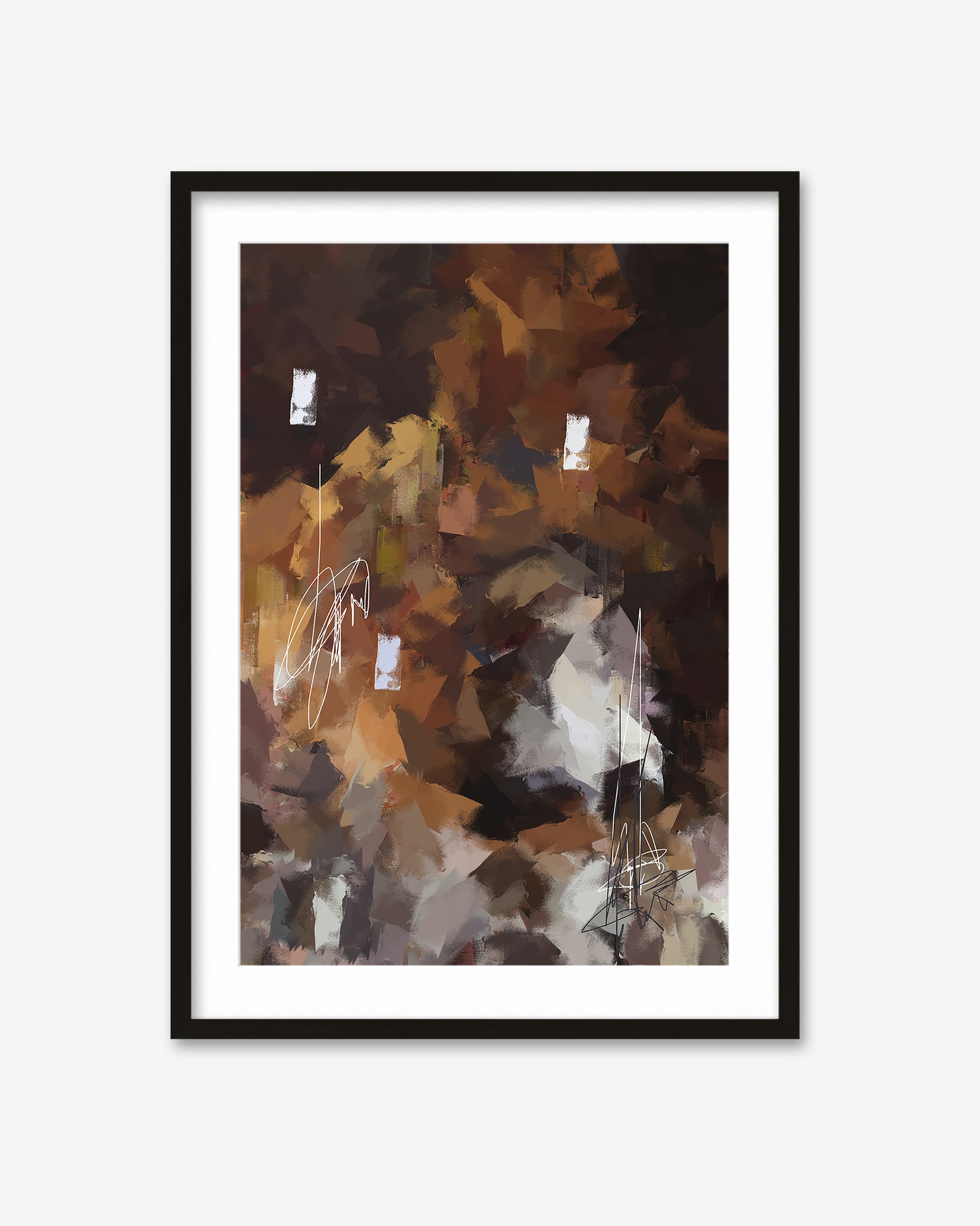 Framed abstract art with brown and beige tones on a white background