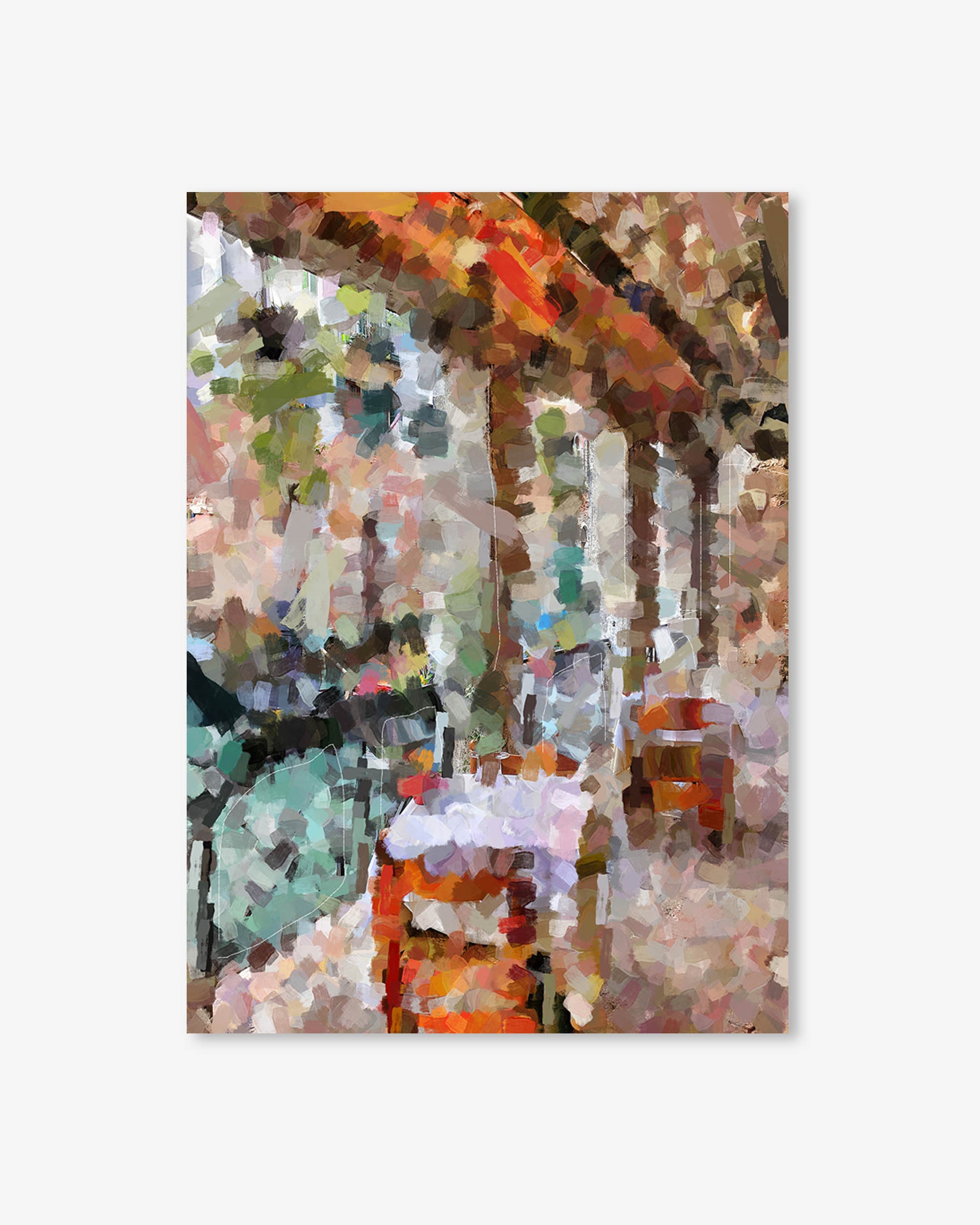 Abstract artwork with a colorful pattern on a white background