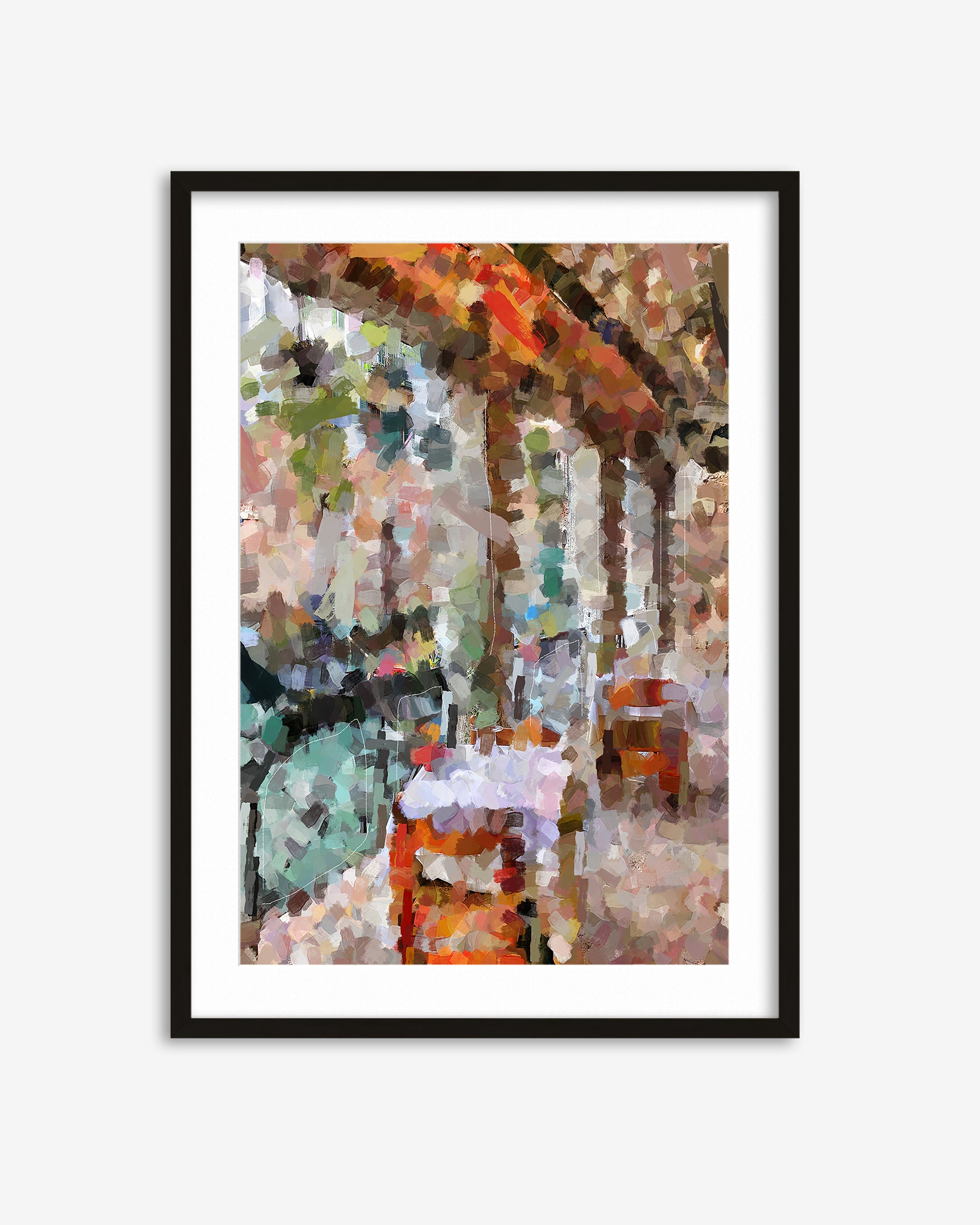 Framed abstract art print with colorful palette on a white background