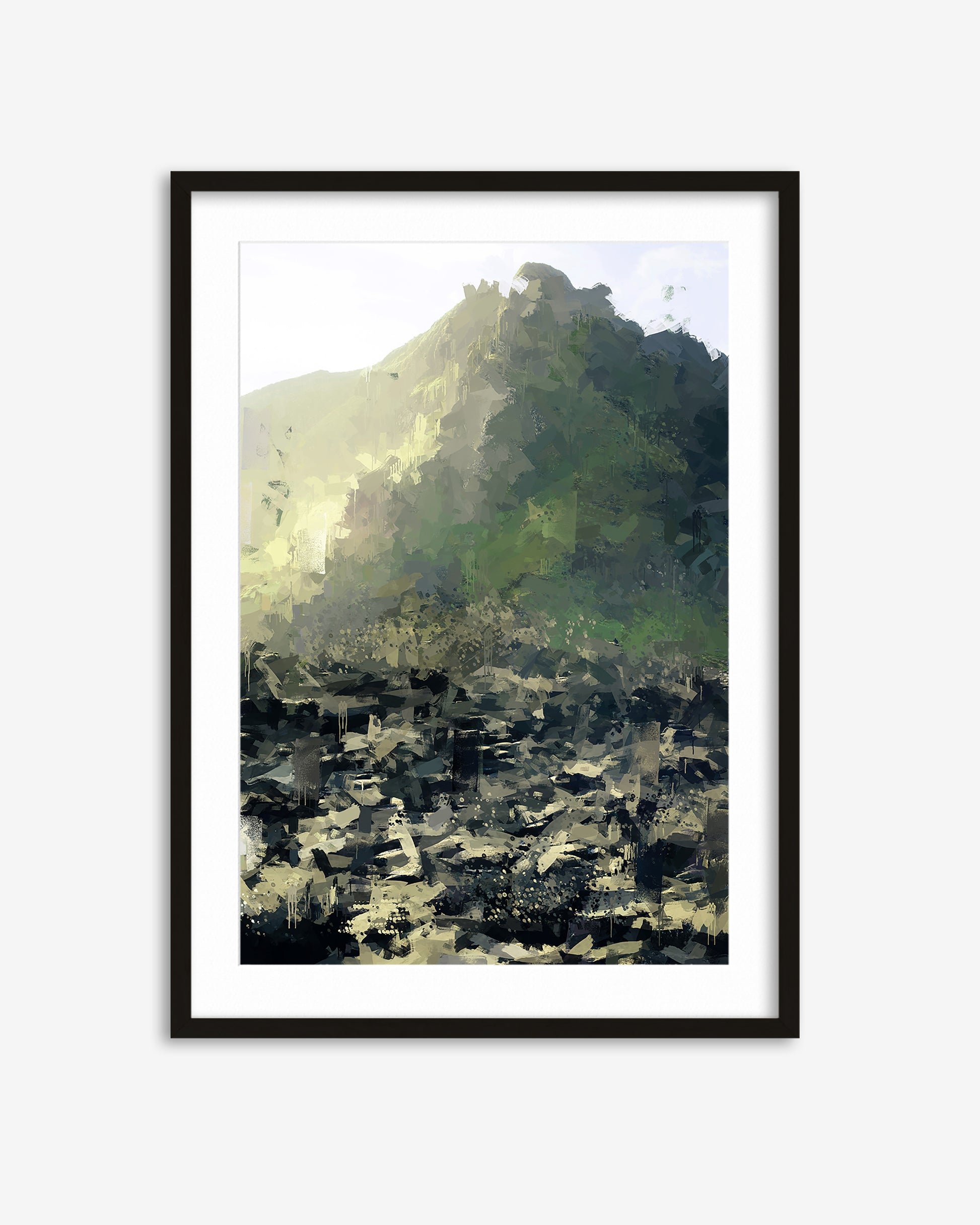 Framed artwork of a mountain landscape with greenery and mist on a white background