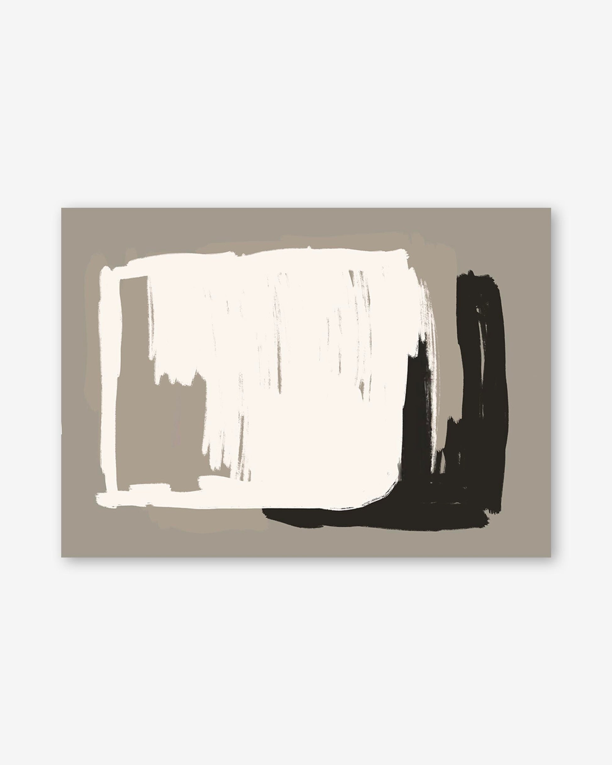 Abstract art piece with white and black brush strokes on a beige background