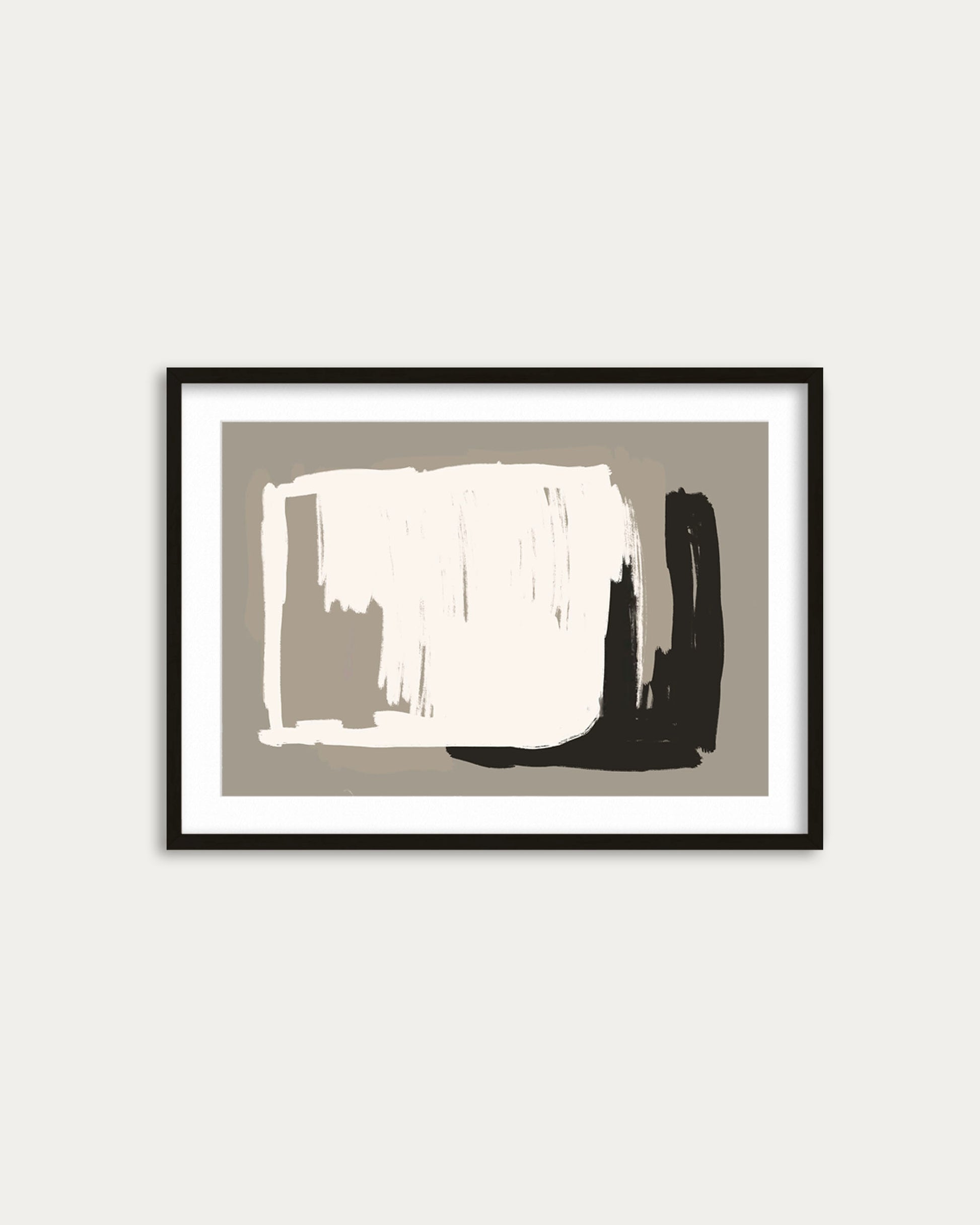 Framed abstract art print with white and black brush strokes on a beige background.
