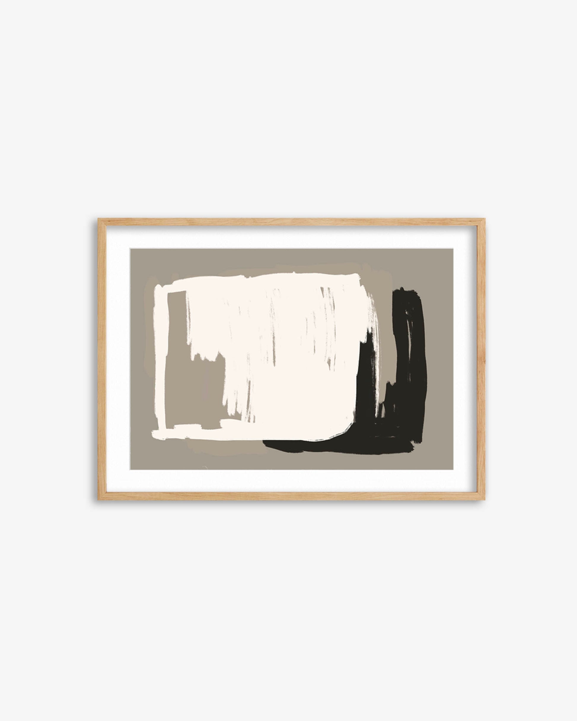 Framed abstract art print with black and white brush strokes on a beige background