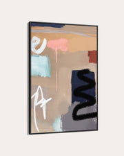 Abstract art print with colorful shapes and text on a beige background