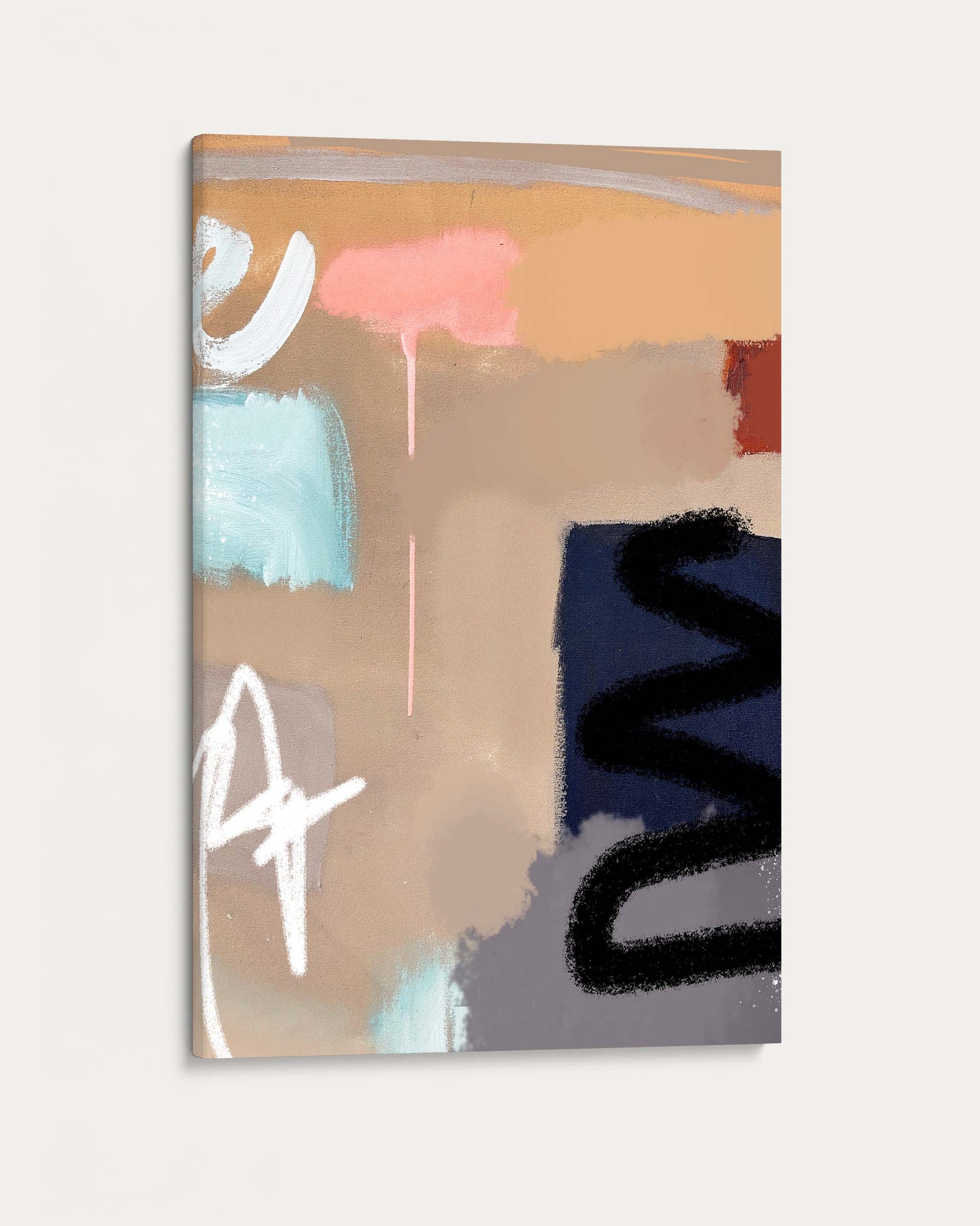 Abstract art print with colorful shapes on a beige background