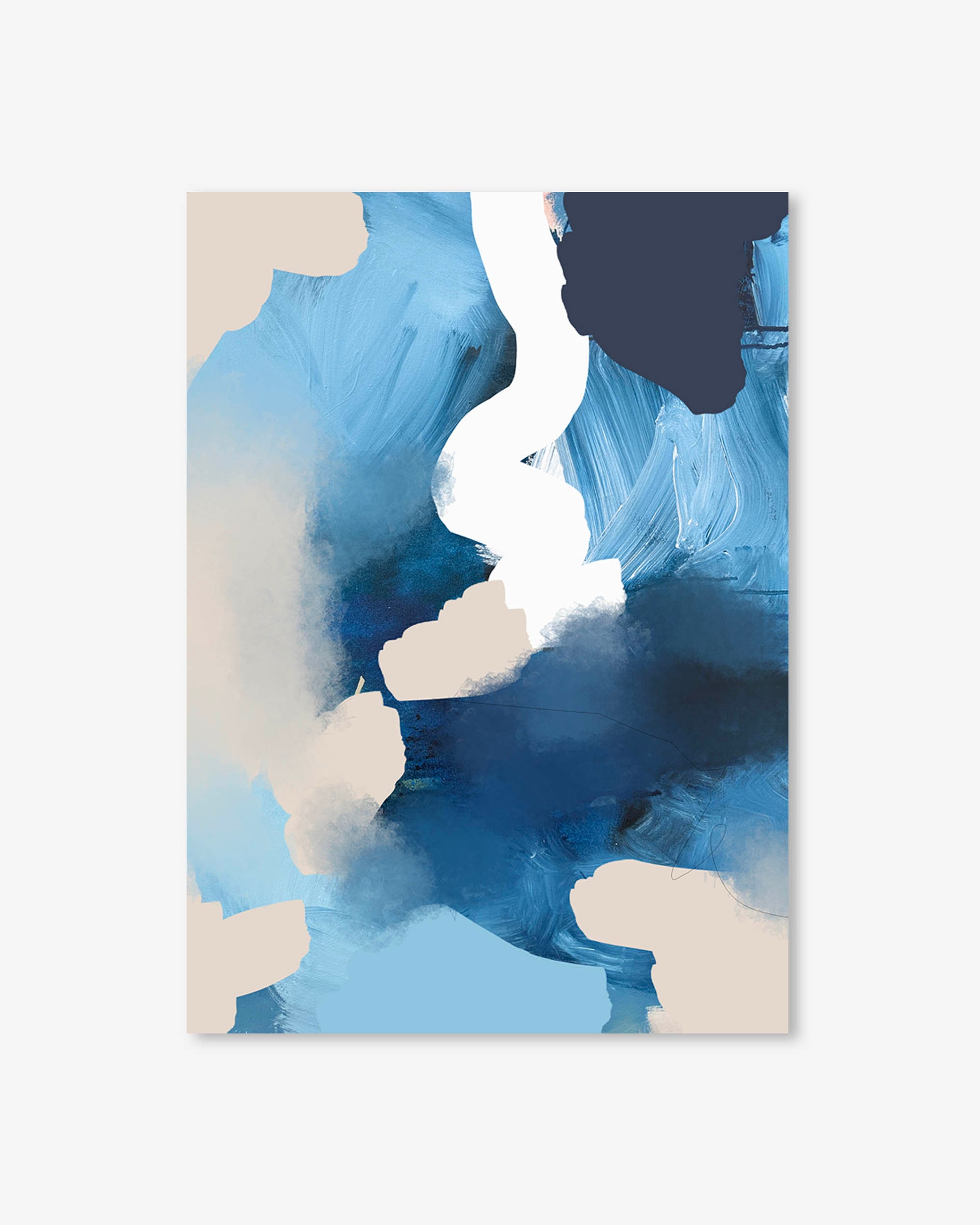 Abstract art print with blue and beige colors on a white background