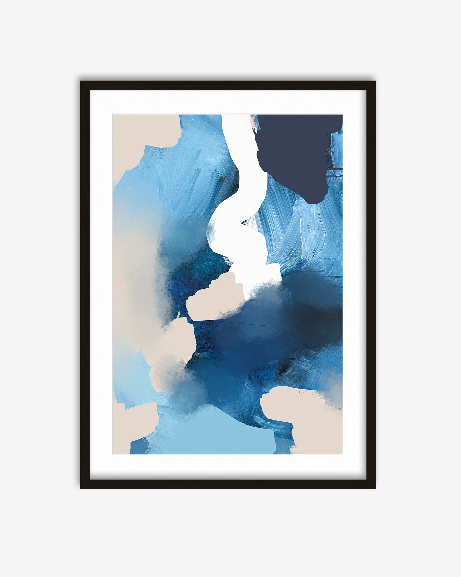 Framed abstract art print with blue and beige colors on a white background