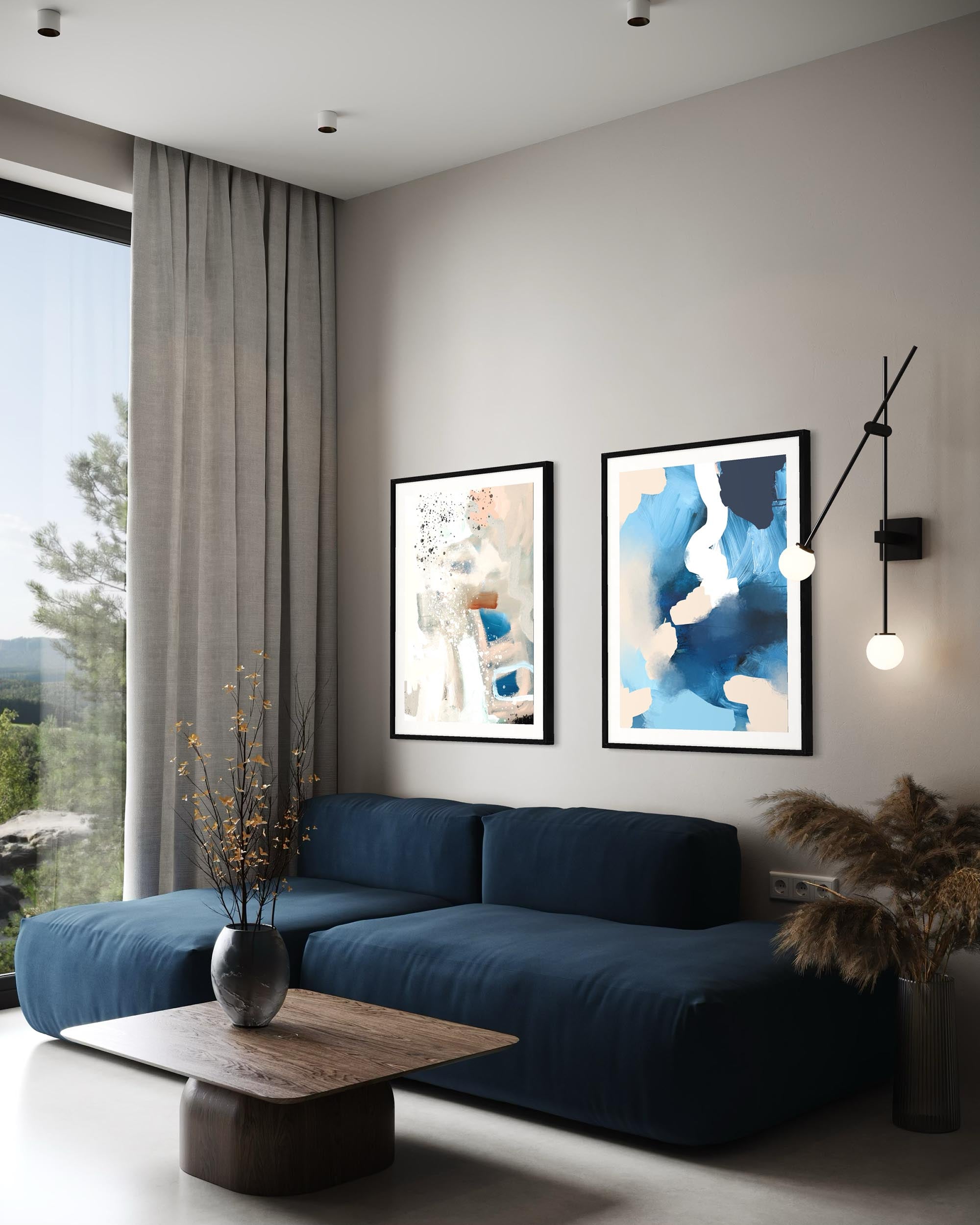 Modern living room with a blue sofa, abstract art, and decorative elements.